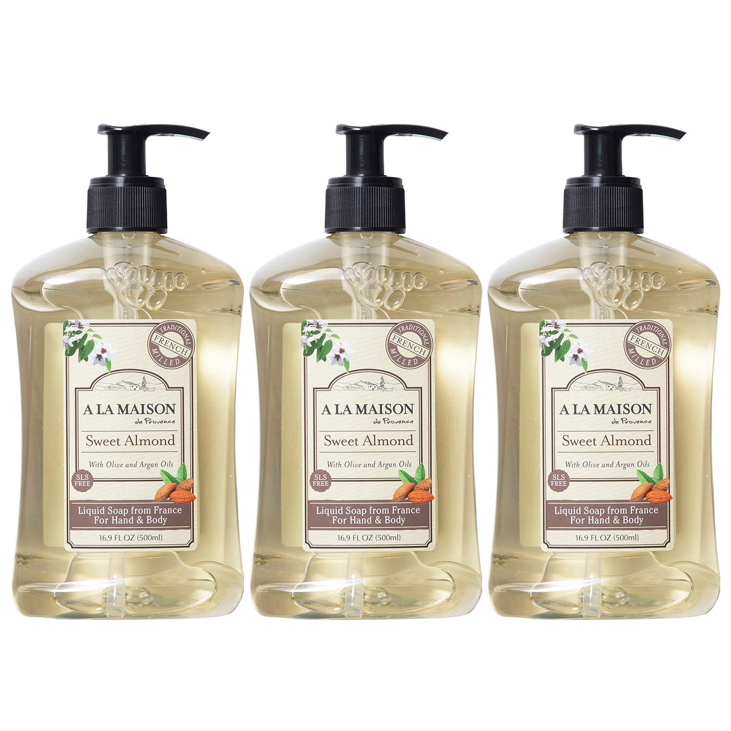 A LA MAISON French Liquid Hand Soap, Almond - Natural Hand Wash Made with Essential Oils - Biodegradable, Plant-Based, Vegan, Cruelty-Free, Alcohol & Paraben Free (16.9 oz, 3 Pack)