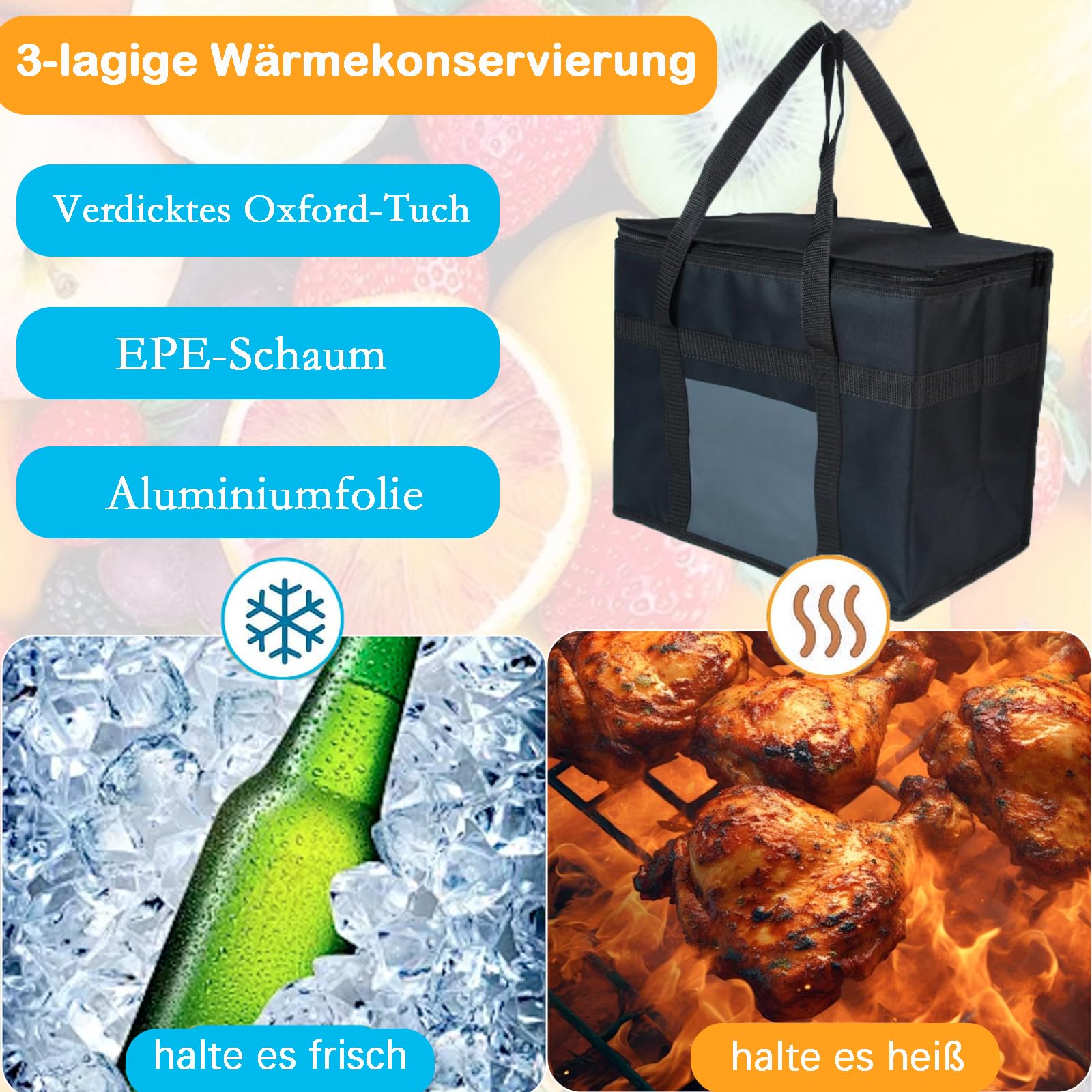 10L/18L/35L/68L Borsa termica Borsa termica per consegna cibo con supporto rimovibile e piastra di base, borsa per il pranzo picnic per campeggio, spiaggia, pesca, all'aperto (35L
