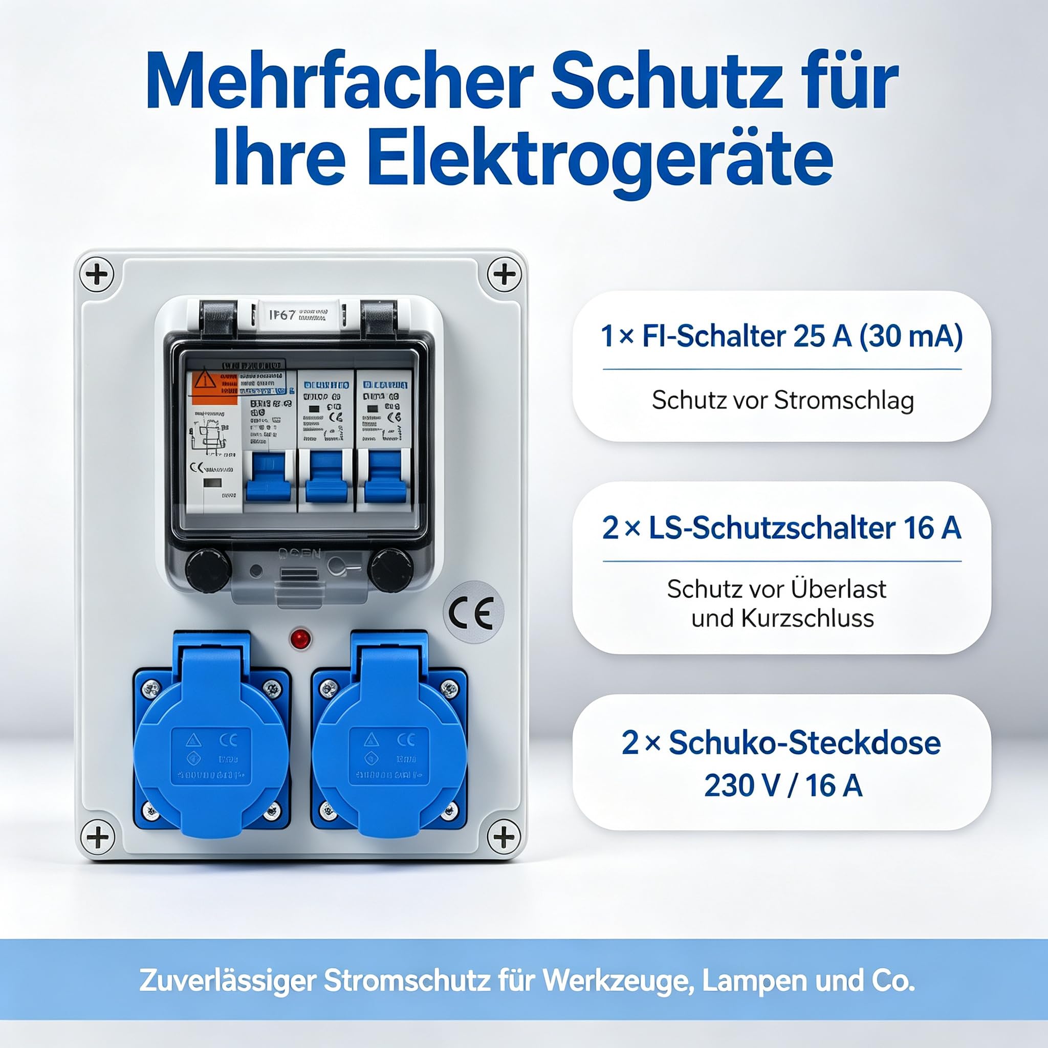 Wandverteiler Vorverkabelt Stromverteiler FI-Schalter LS 16A IP67 für Außen