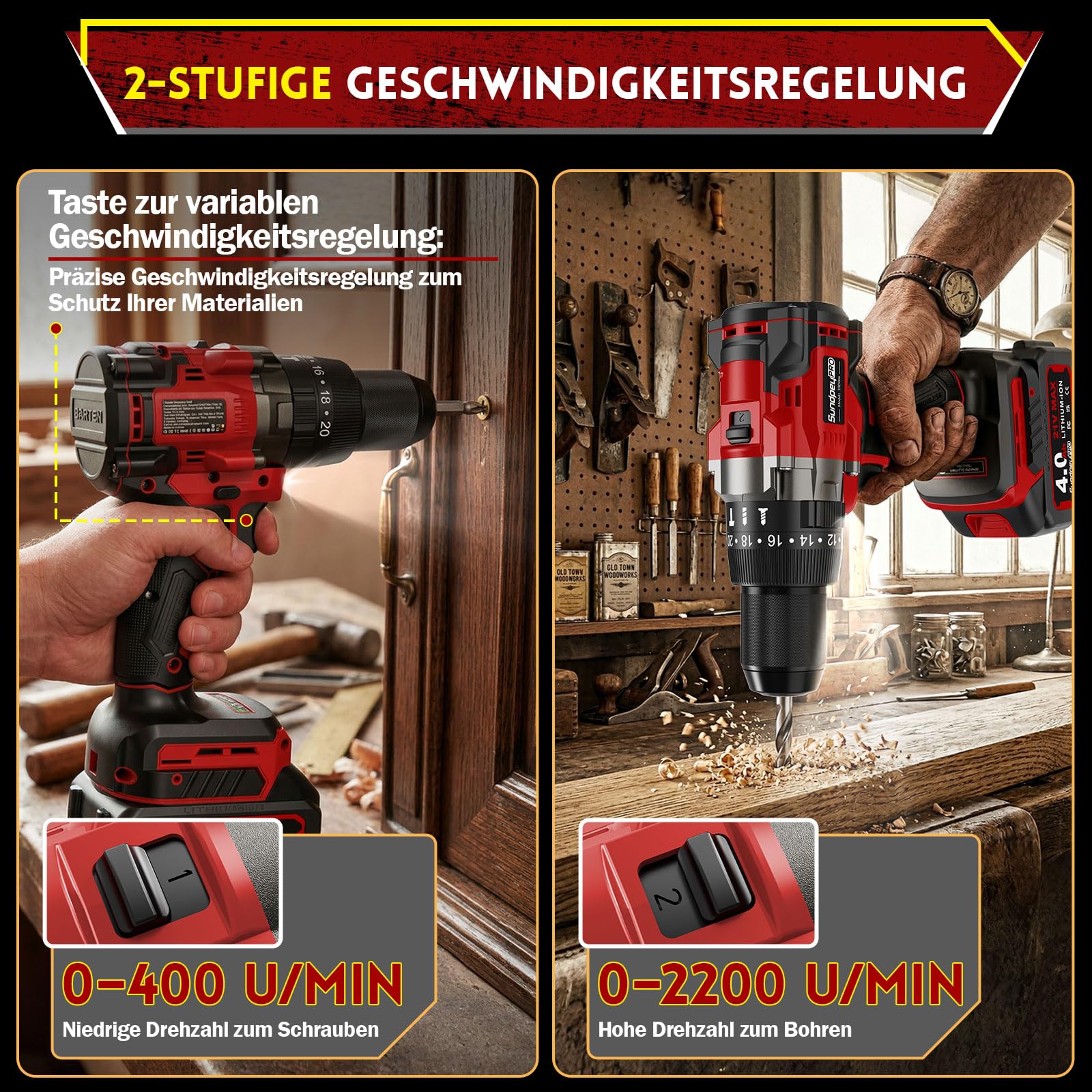 Trapano Avvitatore a Batteria 21V Brushless 130Nm con Batteria 4.0Ah, Trapano Avvitatore a Percussione, 20+3 Coppie, 13mm Mandrino, 2 Velocità, per Forare, Avvitare