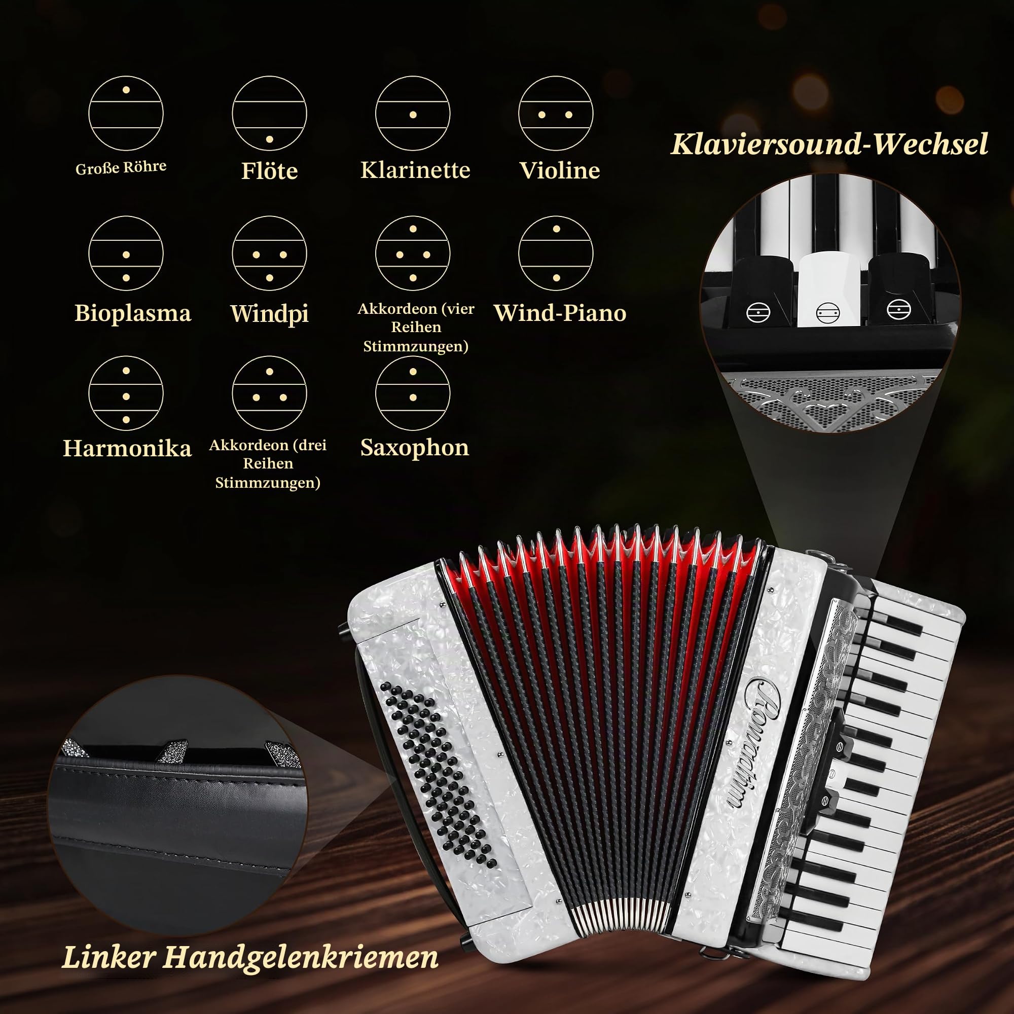 Akkordeon - 30 Tasten 60 Bass Professionelles Keyboard mit Rucksack & Gurt, ideal für Anfänger, Erwachsene, Studenten & Musikliebhaber (Weiß)