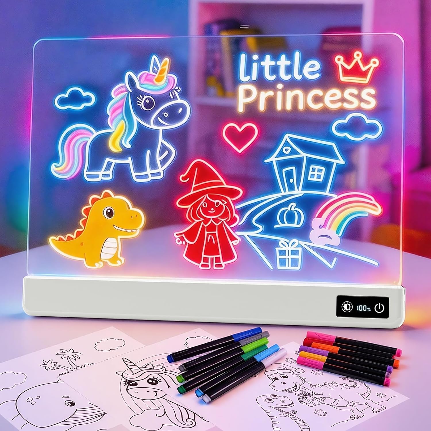 17 Inch Rechargeable LED Drawing Board for Kids, Upgraded 15 Colors Light Up Doodle Pad, Anti-Scratch PVC, Flicker-Free Eye Care, Includes Tracing Cards & 12 Markers, Birthday Gift for Girls Kids