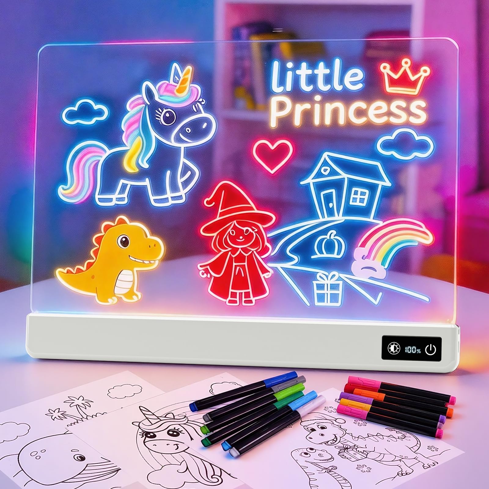 Photo 1 of 17 Inch Rechargeable LED Drawing Board for Kids, Upgraded 15 Colors Light Up Doodle Pad, Anti-Scratch PVC, Flicker-Free Eye Care, Includes Tracing Cards & 12 Markers, Gift for Girls Kids (White)