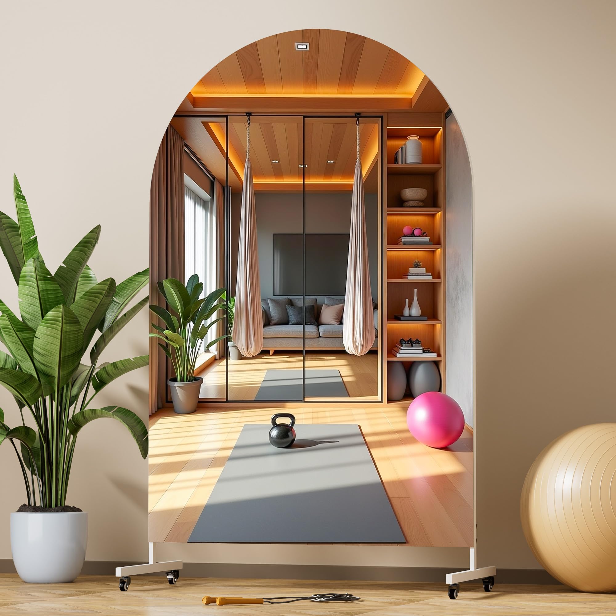 Hasipu Home Gym Mirrors 360° Swivel on Wheels,170 x 100cm Extra Large Full Body Rolling Mirror, Tempered Glass Easy to Move Full Length Mirror for Yoga Studio, Bedroom, Dancing Studio, White
