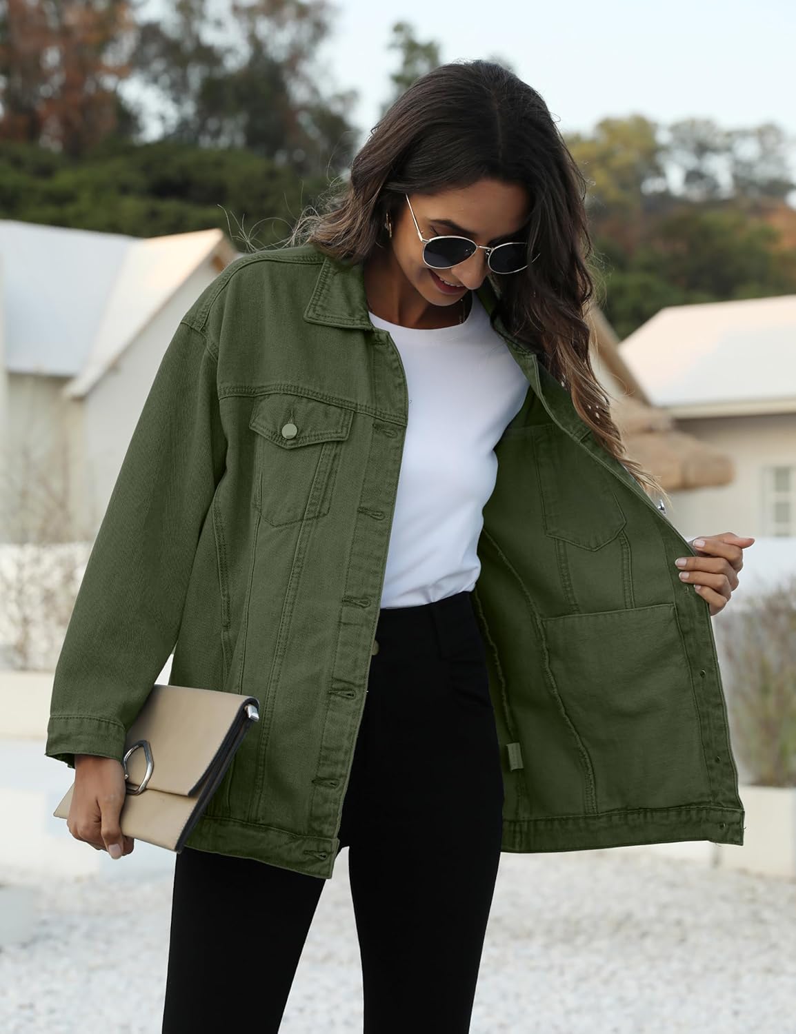 Omoone Women’s Oversized Mid Long Denim Jacket Jean Biker Coat