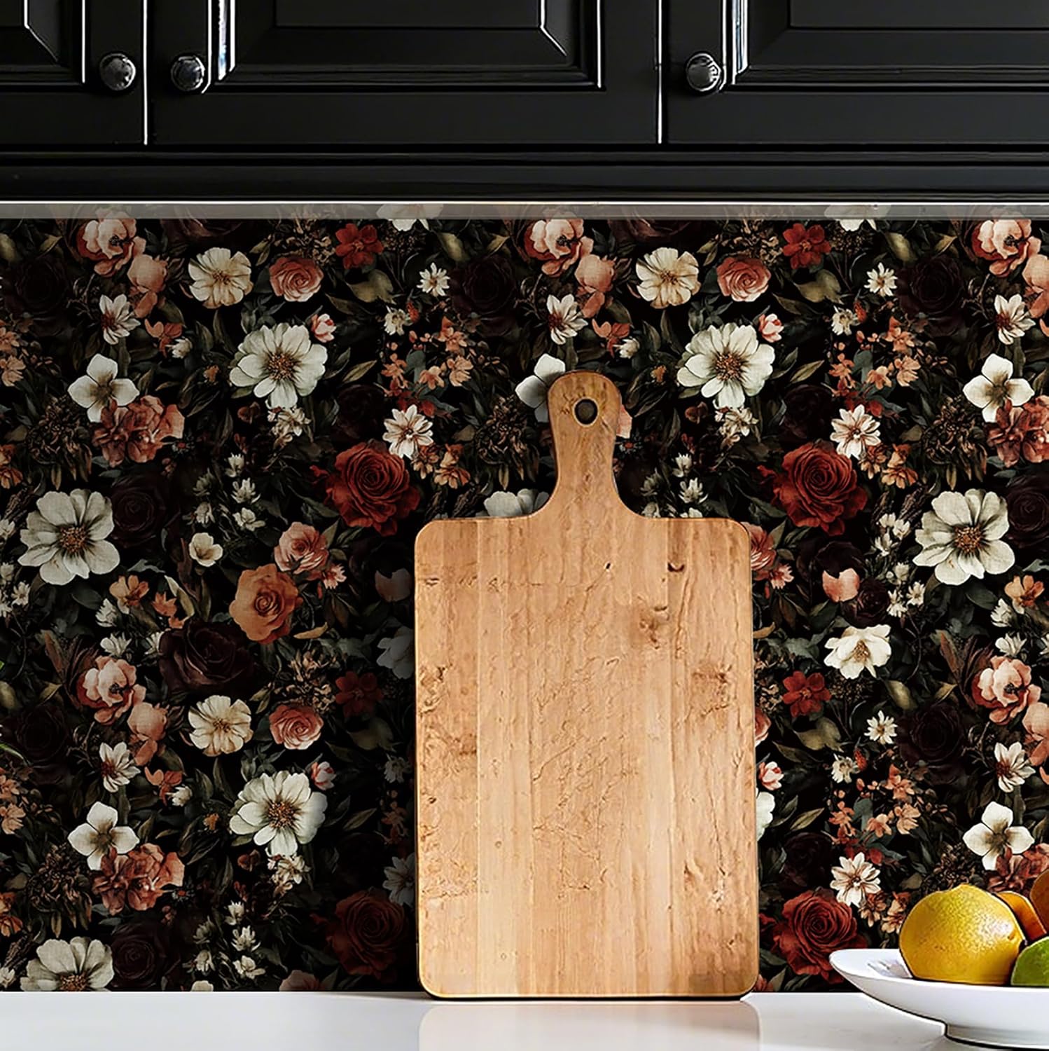 Livelynine 17.5x276" Black Floral Peel and Stick Wallpaper Dark Green Wallpaper for Bathroom Bedroom Vintage Dark Burgundy Floral Wall Vinyl Moody Flowers Renter Friendly Drawer Contact Paper Adhesive