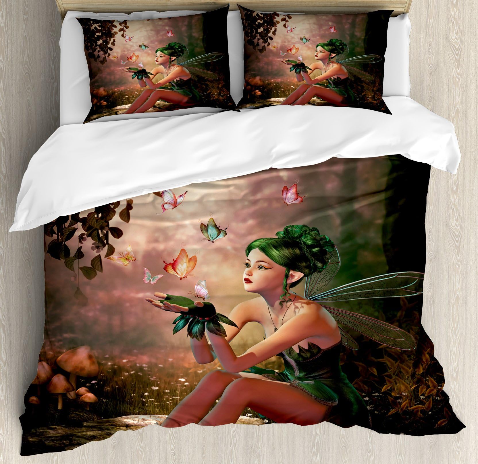 Ambesonne Tale Duvet Cover Set, Girl Wings and Butterflies Digital Composition Computer Graphics Elven Creature, Decorative 3 Piece Bedding Set with 2 Pillow Shams, King Size, Green Salmon