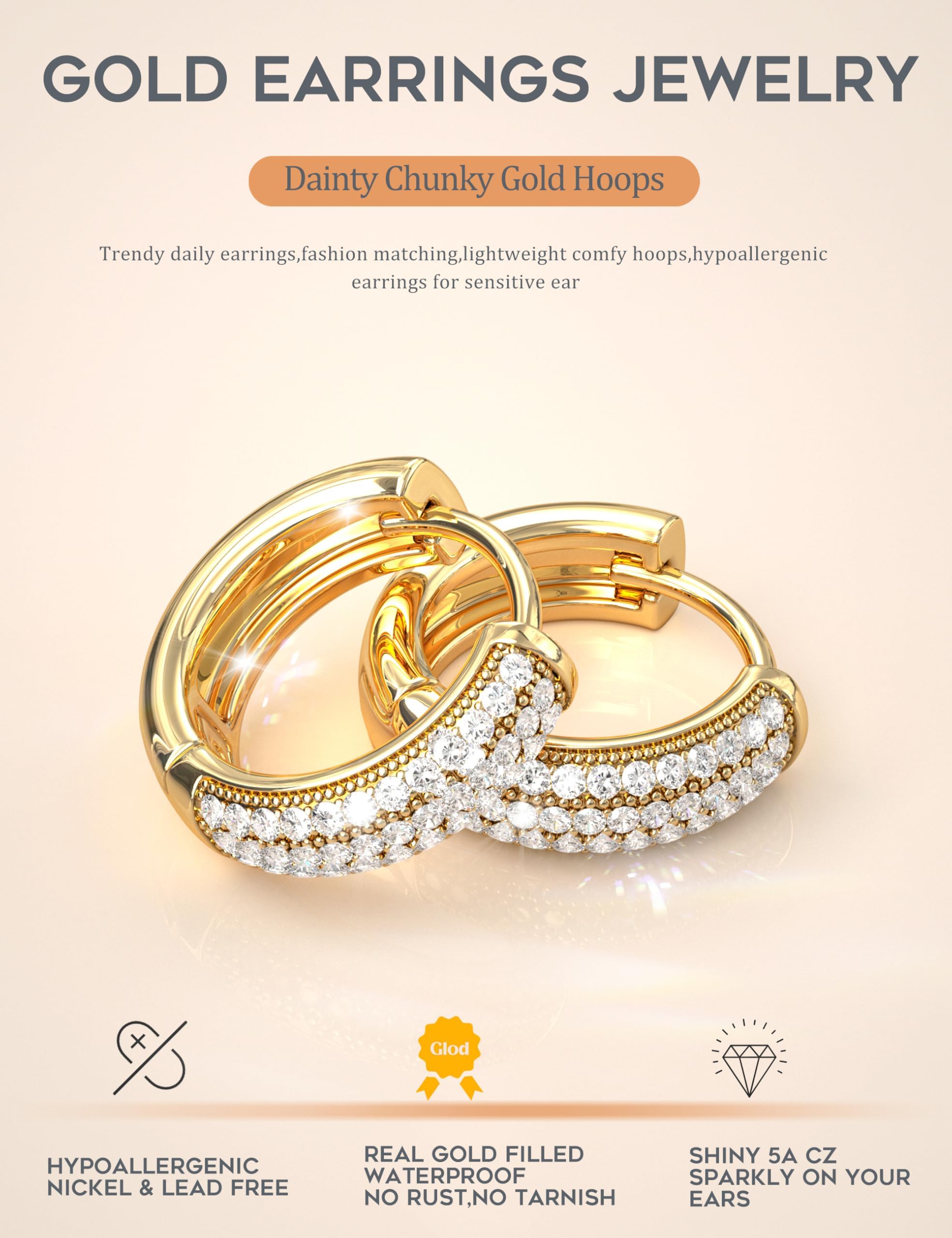 Chriscoco 3Paia Orecchini Cerchio Oro/Argento Set Anallergici Orecchini Donna Oro Placcato 14K Orecchino a Cerchio Piccoli per Fori Multipli