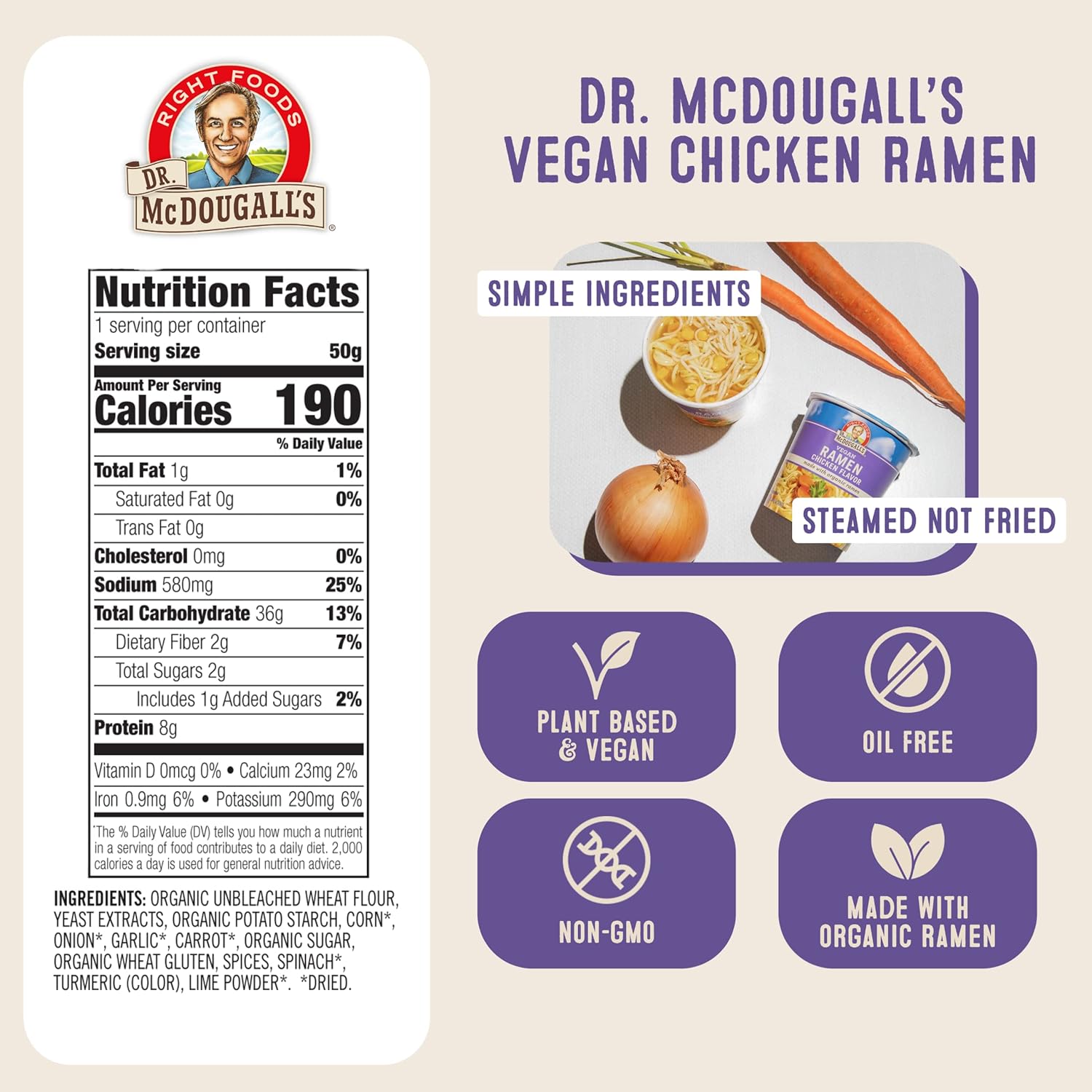 Dr. McDougall's Vegan Ramen Chicken Soup - Chicken Noodle Soup - Instant Ramen Noodle Cups - Oil-Free, Non-GMO, Organic - 1.4 Ounces - Pack of 6