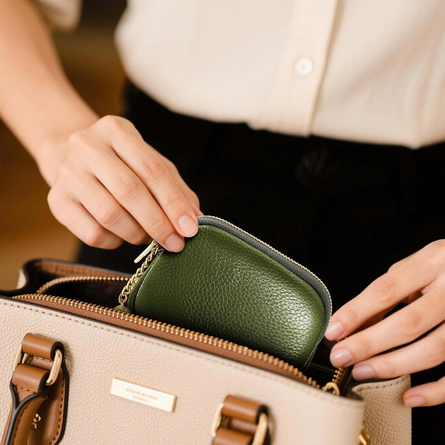 Genuine Leather Coin Purse, Small Change Purse Keychain Wallet for Women, Mini Coin Pouch with Zipper, Green - Image 7