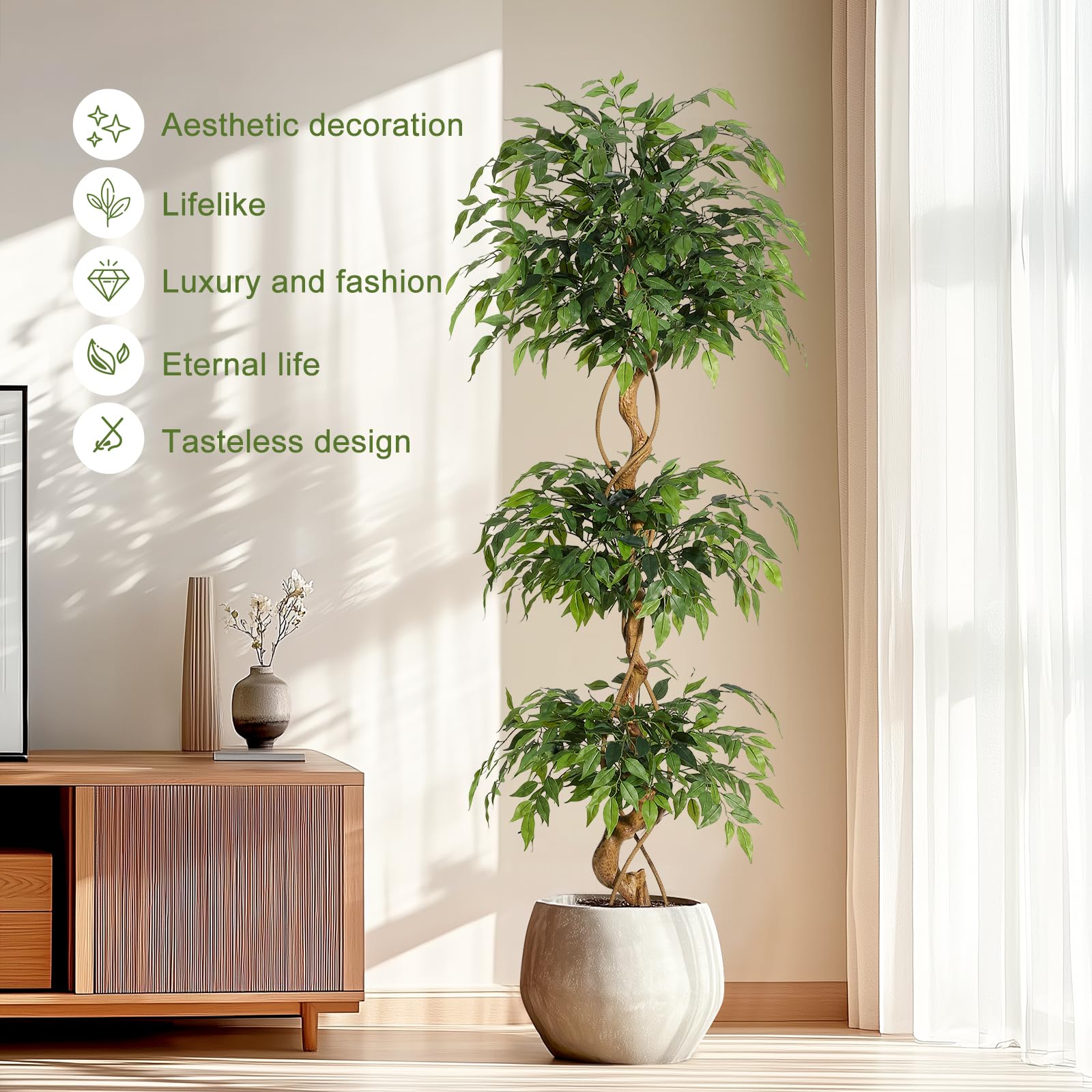 Olivo Artificiale 5FT Tronco Singolo a Tre Rami – Con Vaso Bianco, Decorazione per Soggiorno, Ufficio e Giardino