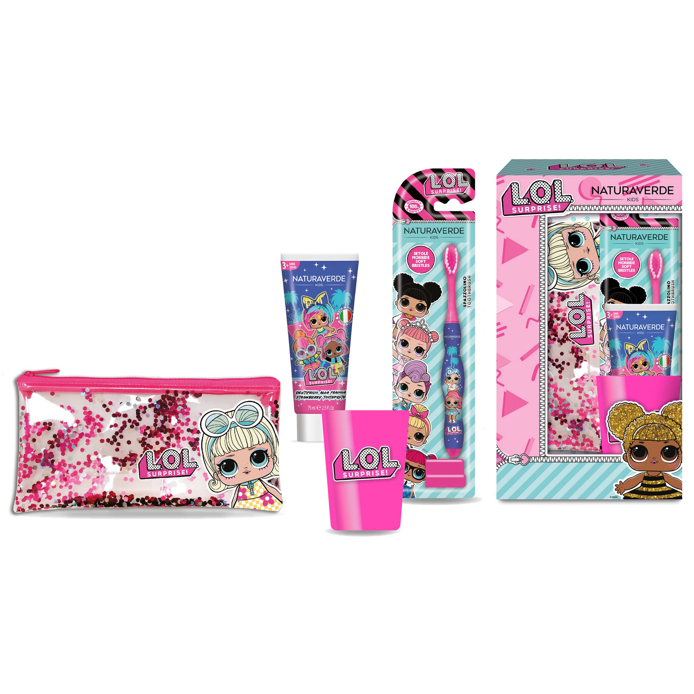 Naturaverde | Kids - Oral Care Set, Spazzolino da Denti Manuale con Setole Morbide, Dentifricio alla Fragola da 75ml, Bicchierino e Pochette Glitter
