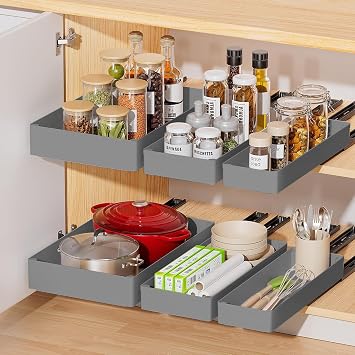 CuisinSmart Expandable Pull Out Cabinet Organizer, 15.75 Deep Pull Out Drawers for Cabinet, Roll Out Drawer Adjustable Adhesive No Drill Screw Slide Out Drawers for Kitchen Gray S+M+L