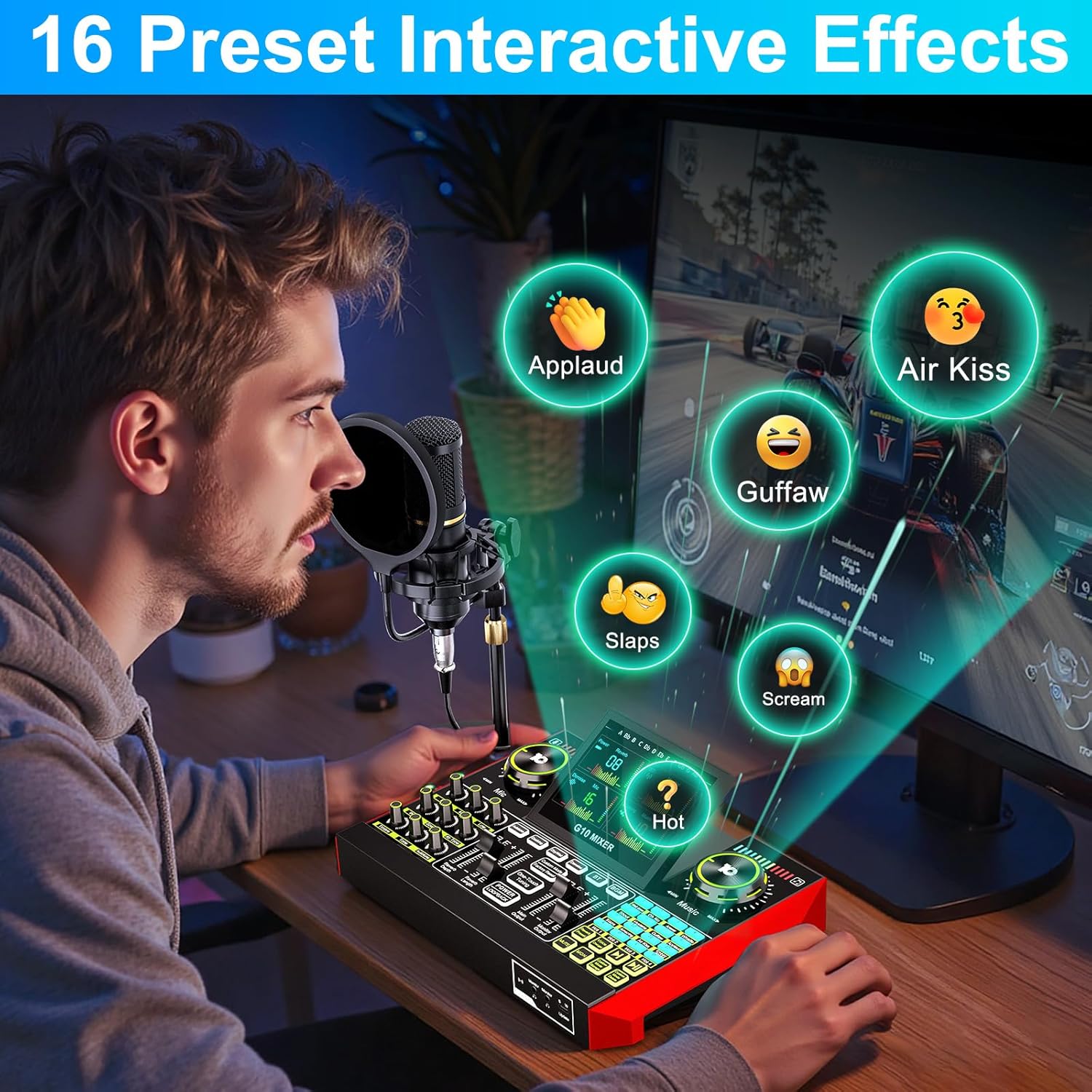 G10 mixer showing 16 preset interactive sound effects