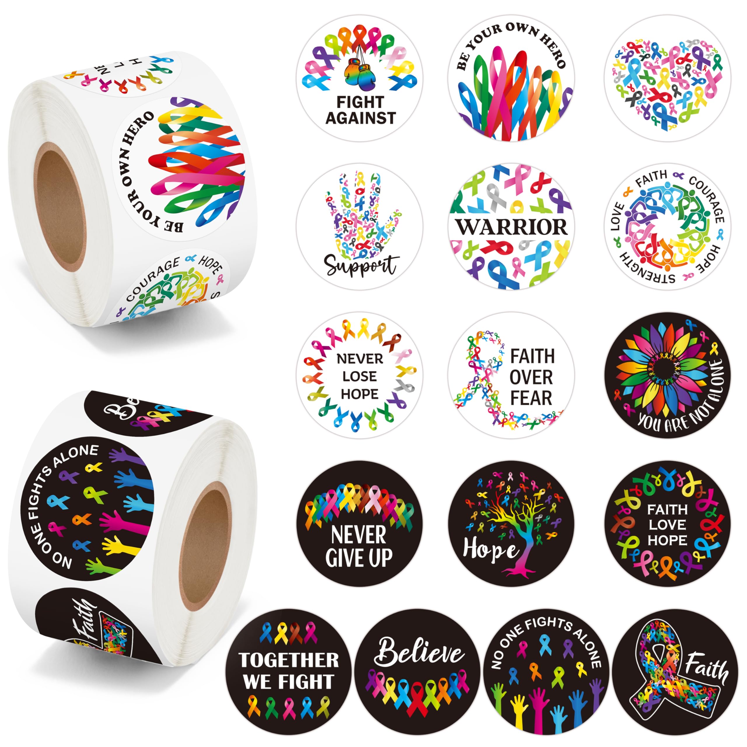 BeYumi Cancer Awareness Roll Stickers - 1000Pcs Cancer Awareness Stickers in 2 Rolls Waterproof Vinyl Colorful Ribbon Round Decals Laptop Bottle