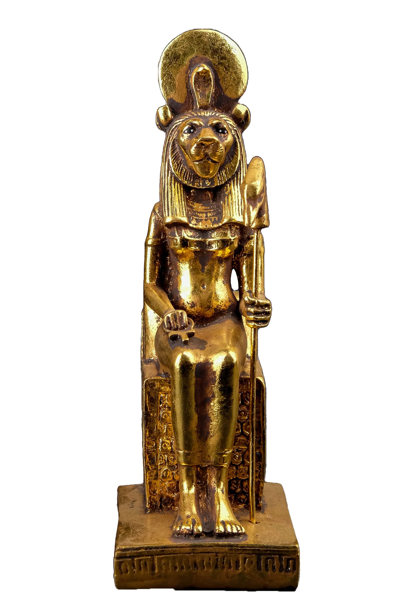 Ancient Egyptian statue of Sekhmet, goddess of war seated unique gold leaf hand painted made in Egypt also spelled of Sakhmet,in Egyptian religion,a god of destroyer of the enemies of the sun god Re