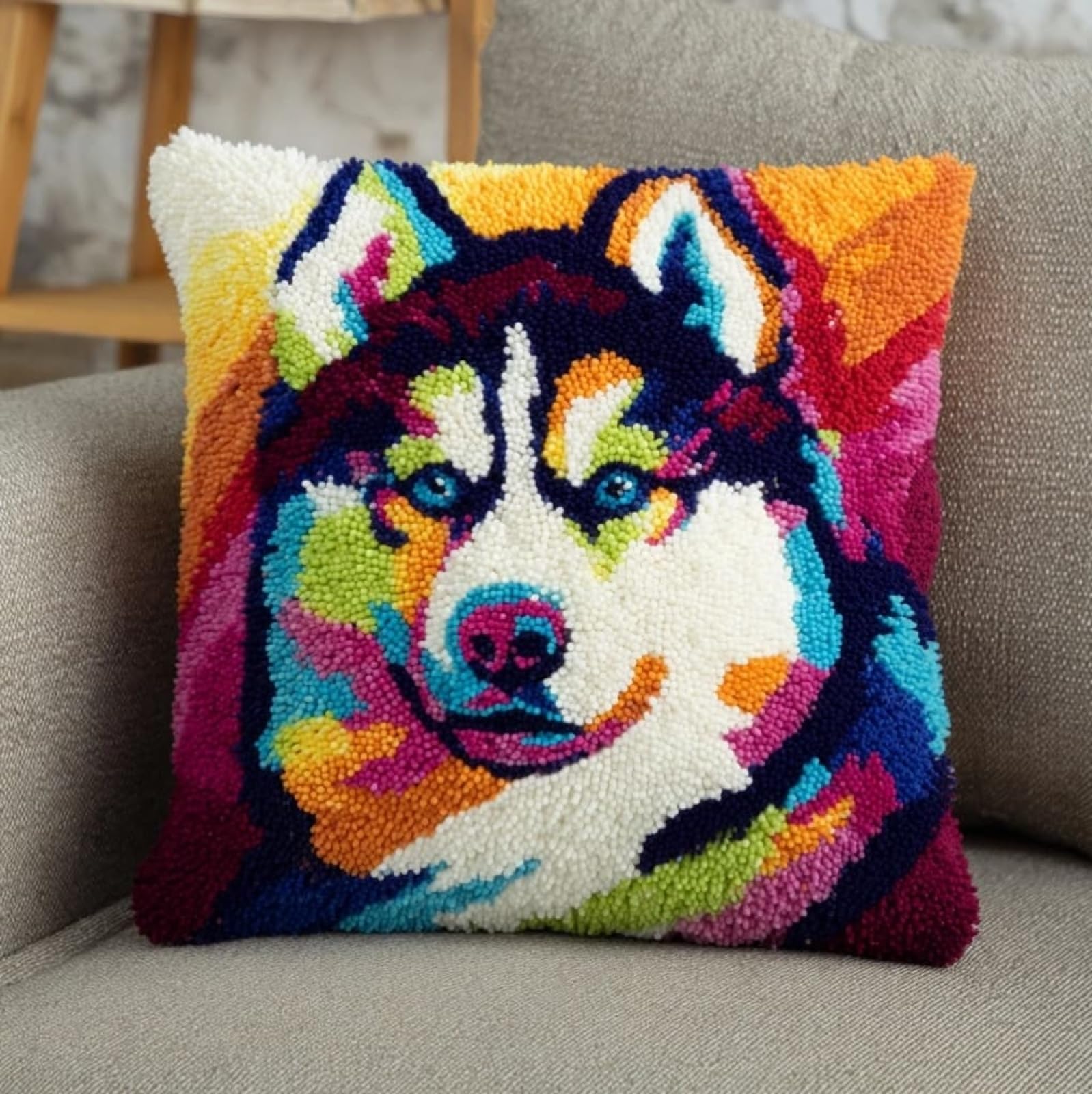 Wallustrioaw Husky Animal Dog Latch Hook Cushion Kits 17X17in,