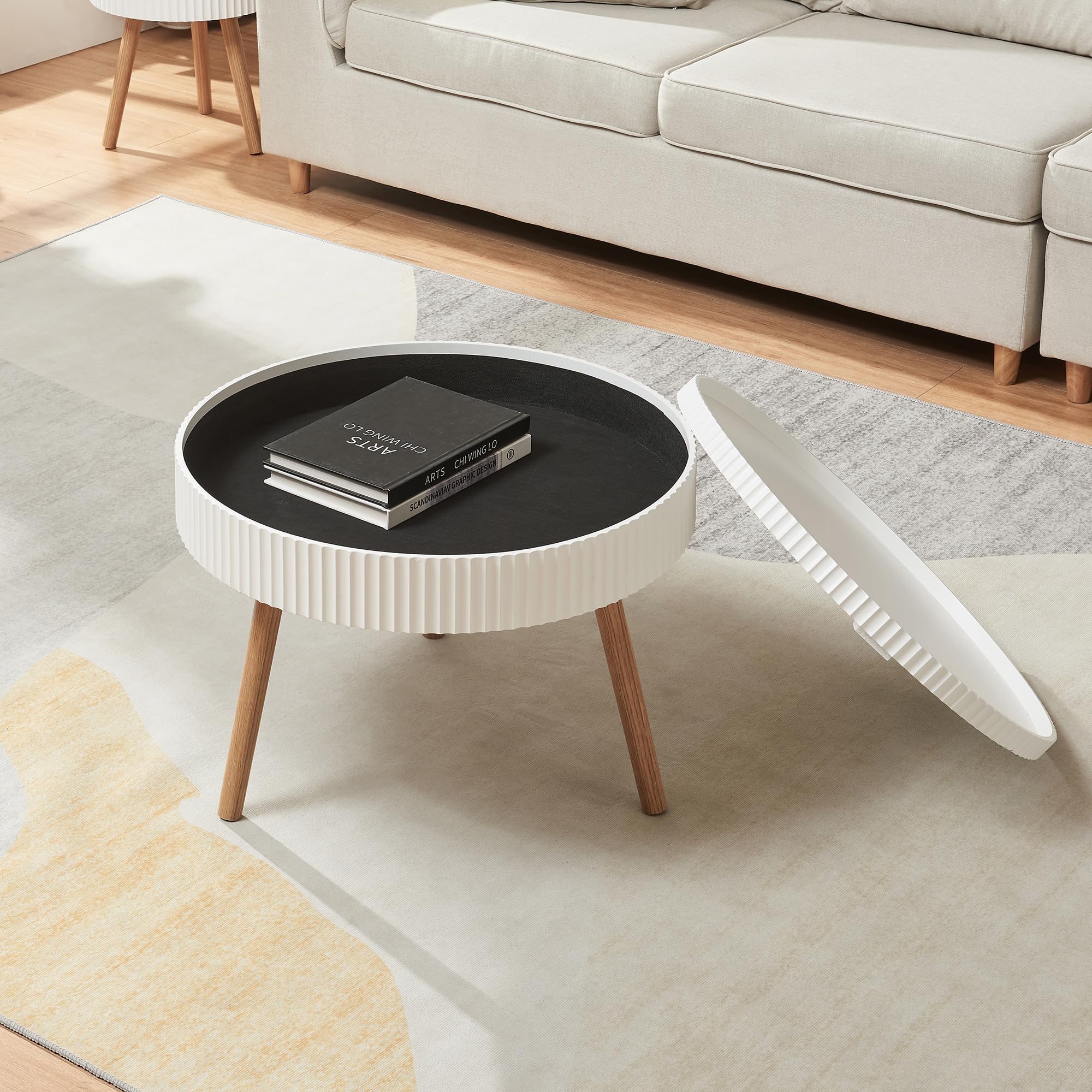 [en.casa] Table Basse avec Plateau Amovibe Table d'Appoint avec Surface Rainurée Compartiment de Rangement Fermé Bout de Canapé Table de Chevet Ronde MDF Bambou 45 x 60 cm Blanc Naturel