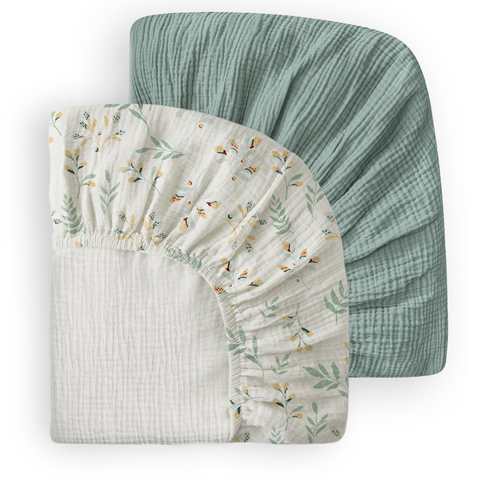Sábanas bajeras de Muselina Pack N Play para colchón y minicunas, algodón de Muselina para una Comodidad Natural para bebés niños y niñas, diseño Bohemio de guardería, Paquete de 2 (Verde Romano y
