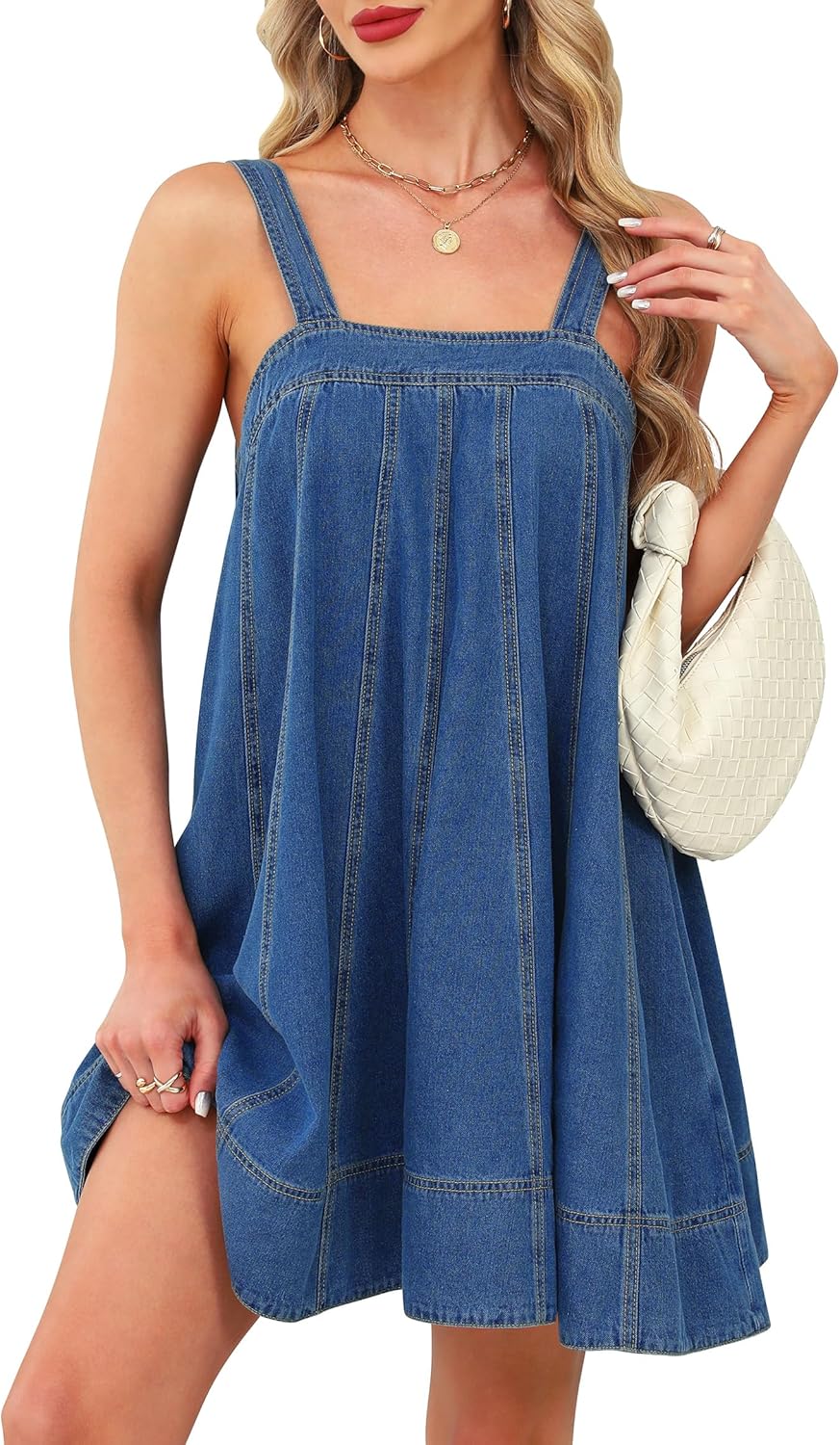 Denim Dress for Women Tie Shoulder with Straps Sleeveless Ruffle Hem Summer Casual mini Jean Dress with Pockets - Image 4