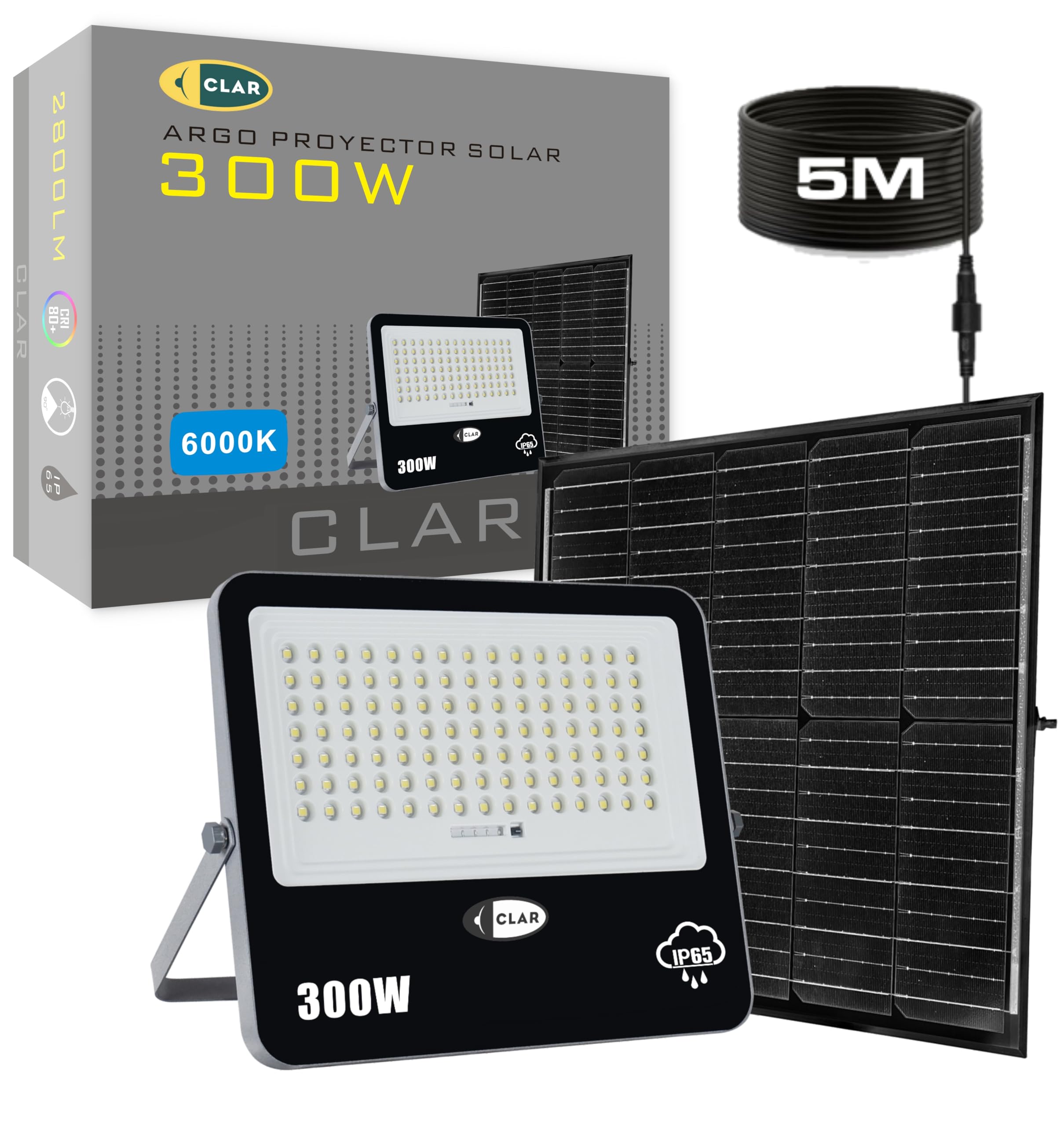 CLAR - Focos Led Exterior Solares, Luz Solar, Focos Solares Para Exterior, Foco Led Exterior Solar, Focos Solares Exterior, Luz Solar Exterior Potente, Lampara Solar Exterior Jardin, 300W (Pack 1)
