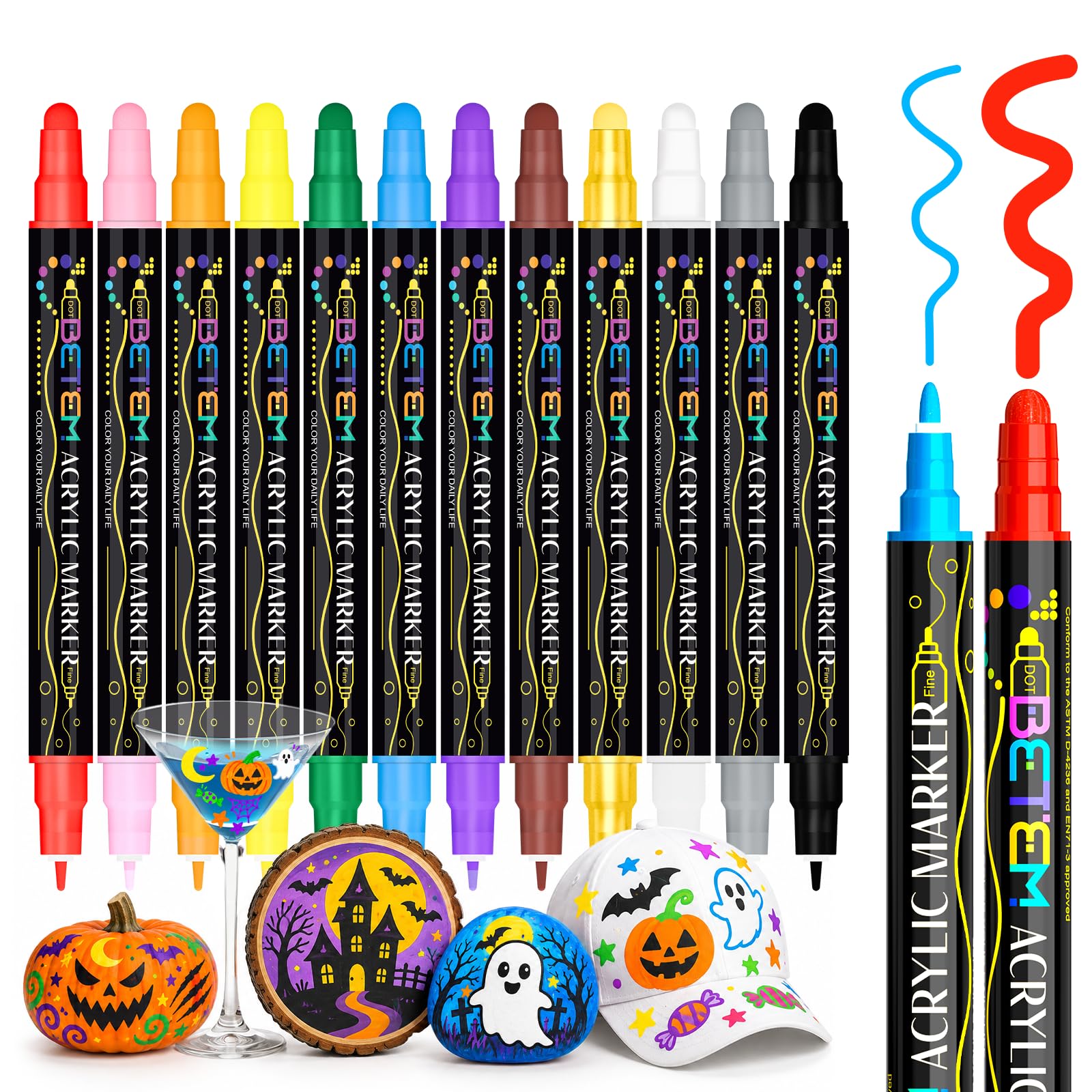 Betem 12 Colors Dual Tip Acrylic Paint Markers, Fabric Decorating Kits