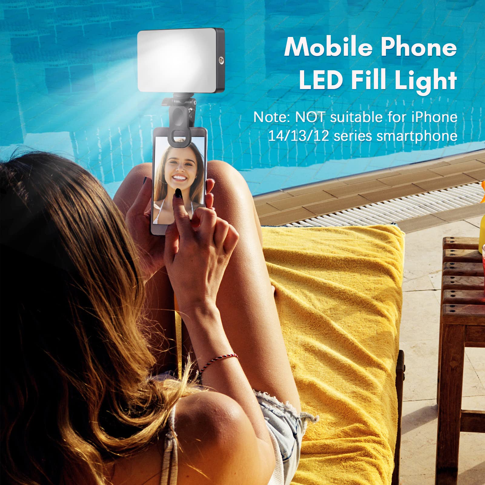Andoer W140 - Luce per selfie con clip e supporto per telefono, dimmerabile, 2500 K-6500 K, per cellulare/tablet/laptop, TikTok Live Streaming
