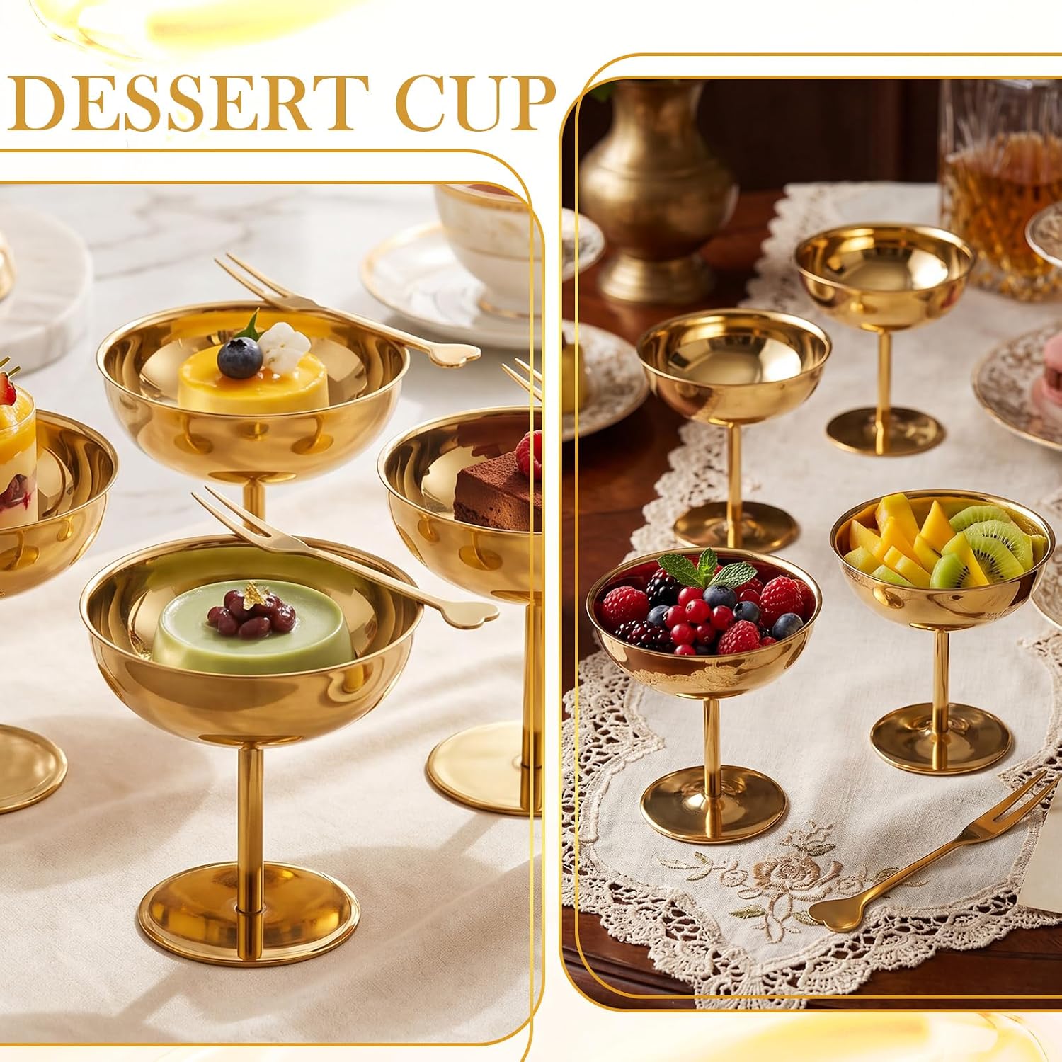 Reallnaive 12 Sets Stainless Steel Ice Cream Cups 6.7 Oz Small Footed Bowls with Forks Bulk Stainless Dessert Cup for Serving Pudding Fruit Summer Birthday Party Supply