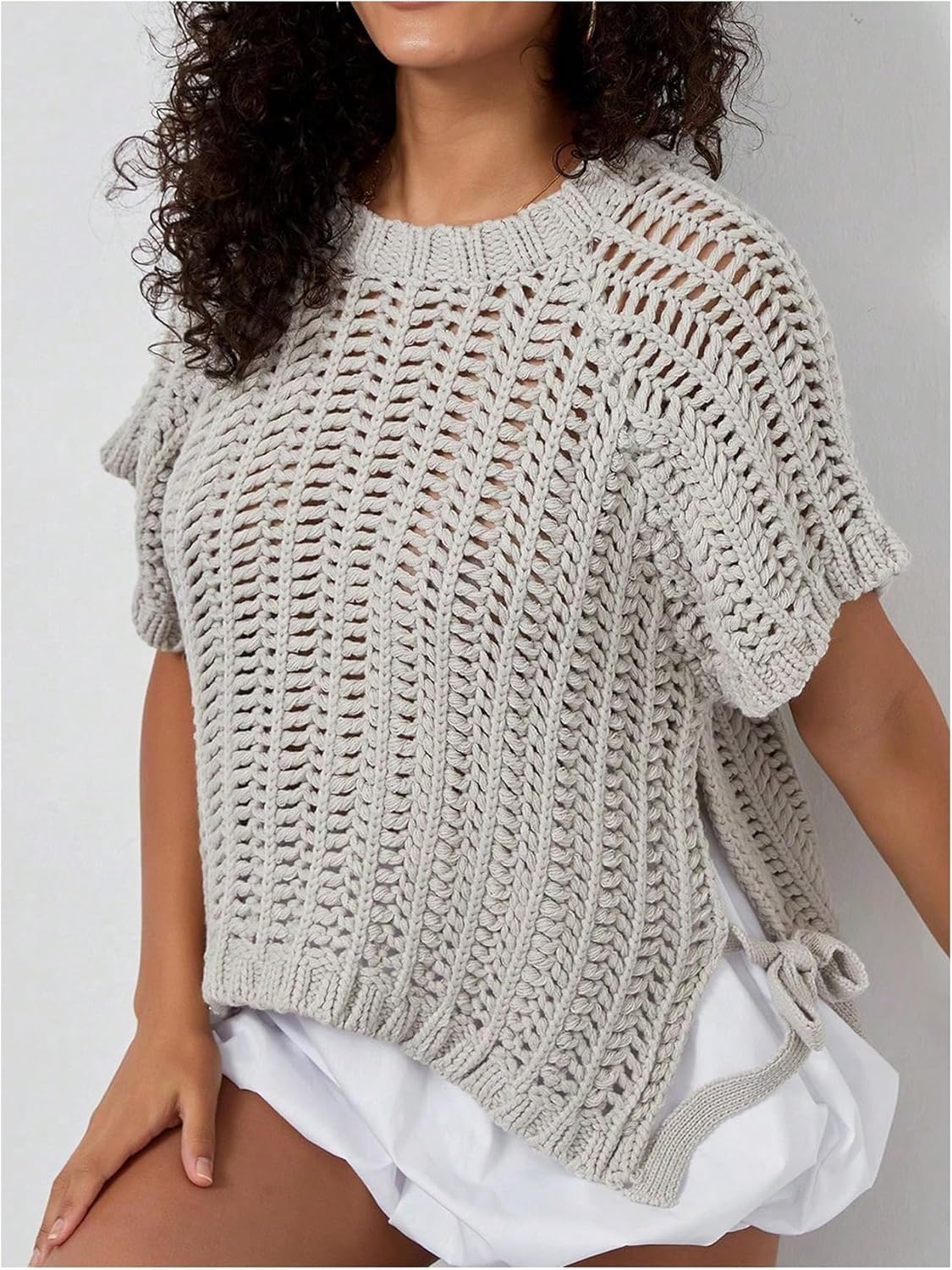 Milumia Women's Chunky Knit Cropped Sweater Vest Hollow Out Short Sleeve Tie Side Loose Pullover Tops - Image 4