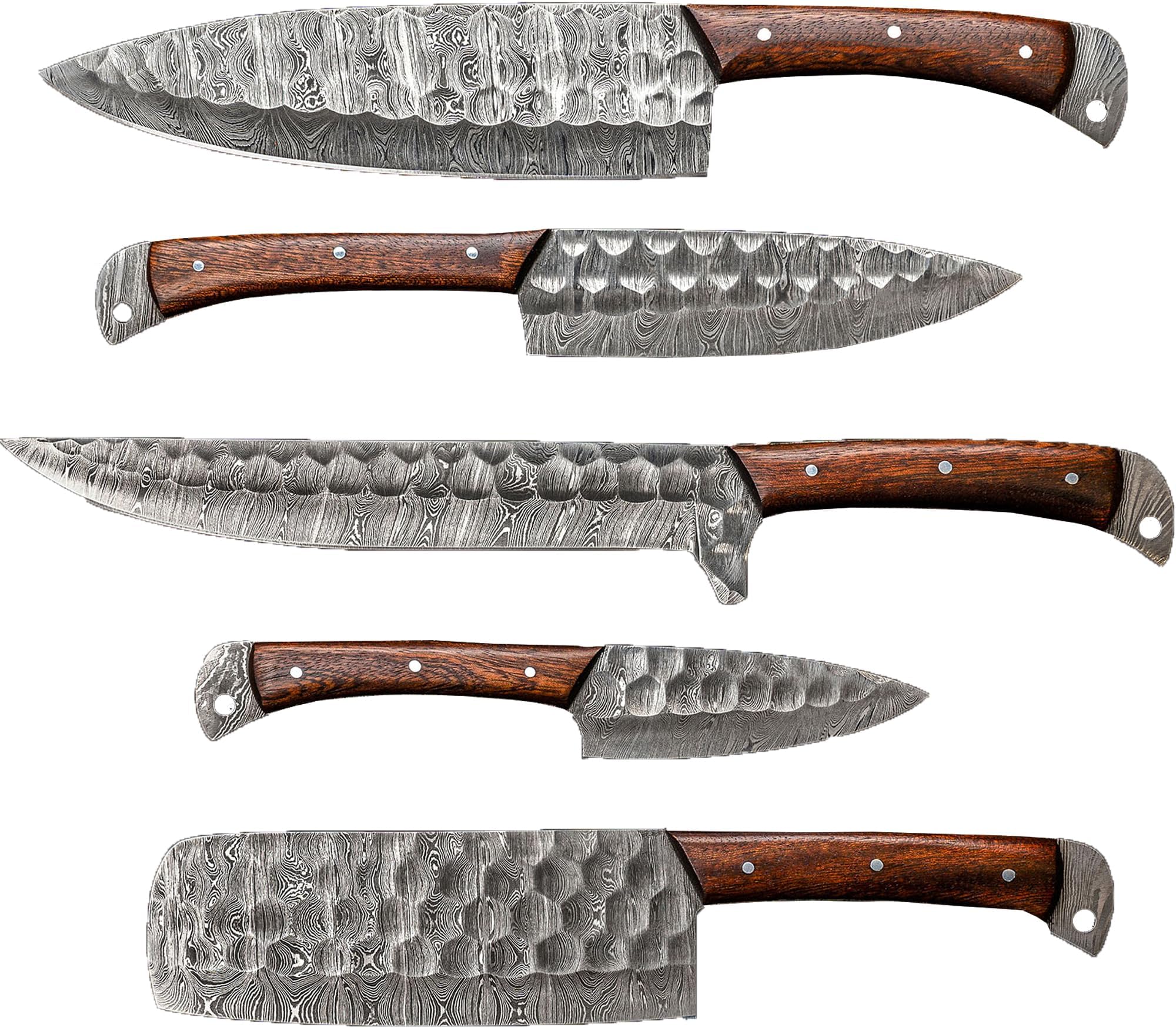Morf Steelware Premium Damascus Kitchen Knives Set - 5 Pcs Chef, Cleaver, Fillet, Paring Knives - Full Tang, Wood Handle - Ideal for BBQ Cooking - Free Leather Roll - High-Performance Cutlery