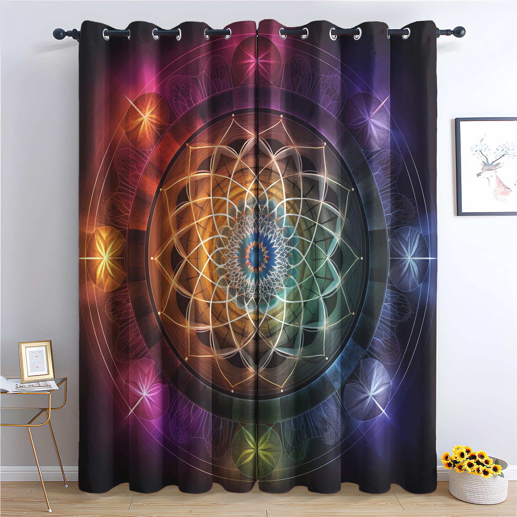 QEODAH Mandala Blackout Curtains for Bedroom - Chakra Meditation Indian Zen Yoga Living Room Curtains 66x90 Eyelet - Soft Thermal Insulated Patterned Drapes for Windows - 2 Panels