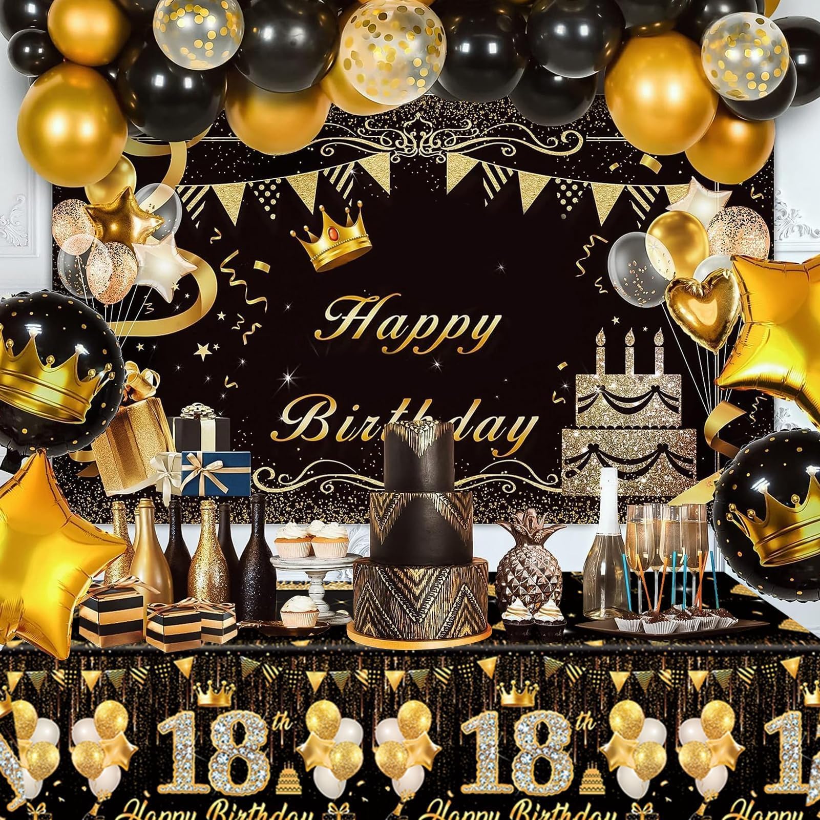 Tovaglia di Compleanno Oro Nero, 200x130cm, Tovaglia Happy 18th Birthday, Auguri di Compleanno 18. Tovaglia, Decorazione 18. Compleanno, Decorazione da Tavolo per Festa di Compleanno per Ragazze e
