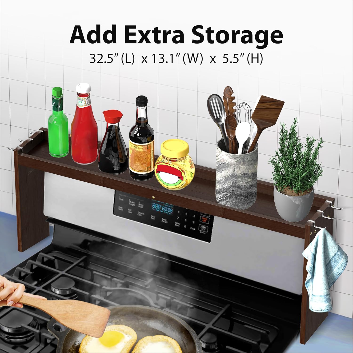 IIIOIIIA Bamboo Over the Stove Spice Rack Organizer Shelf for Kitchen, 31.5" with 6 Hooks, 11.4" Height Extra Storage Countertop, Easy to Assemble, Walnut image 2