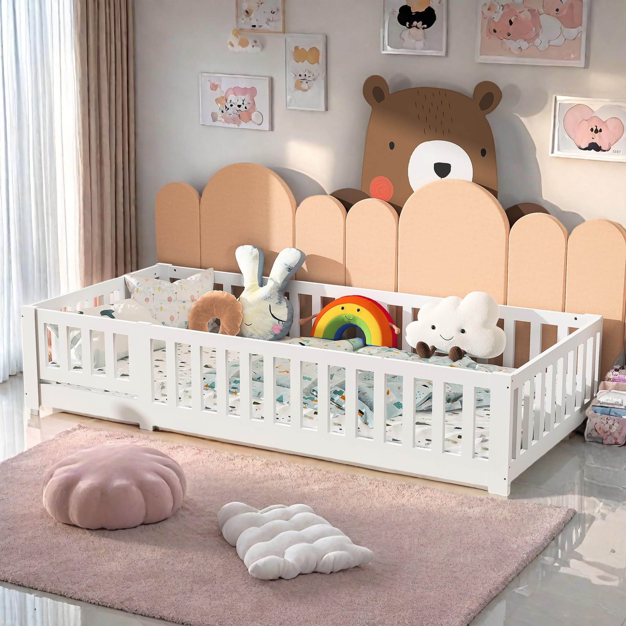 Cama infantil con barrera 90 x 200 cm, cama en el suelo con seguridad y somier de láminas, cama Montessori, madera maciza Pin, para habitación de niños y niñas, color blanco