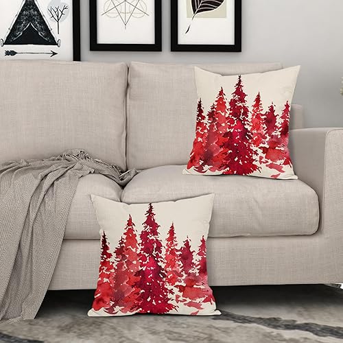 Miniatura 8 de Juego de 2 fundas de almohada de árbol rojo acuarela de 18 x 18 pulgadas, fundas de almohada decorativas de Navidad con temática de naturaleza,