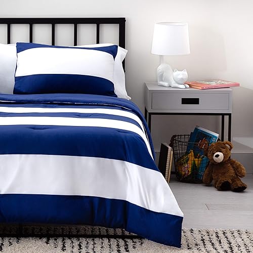 LINENSPA - Edredón de microfibra hipoalergénico, con relleno sintético, para usar todo el año, tamaño individual, azul marinoblanco