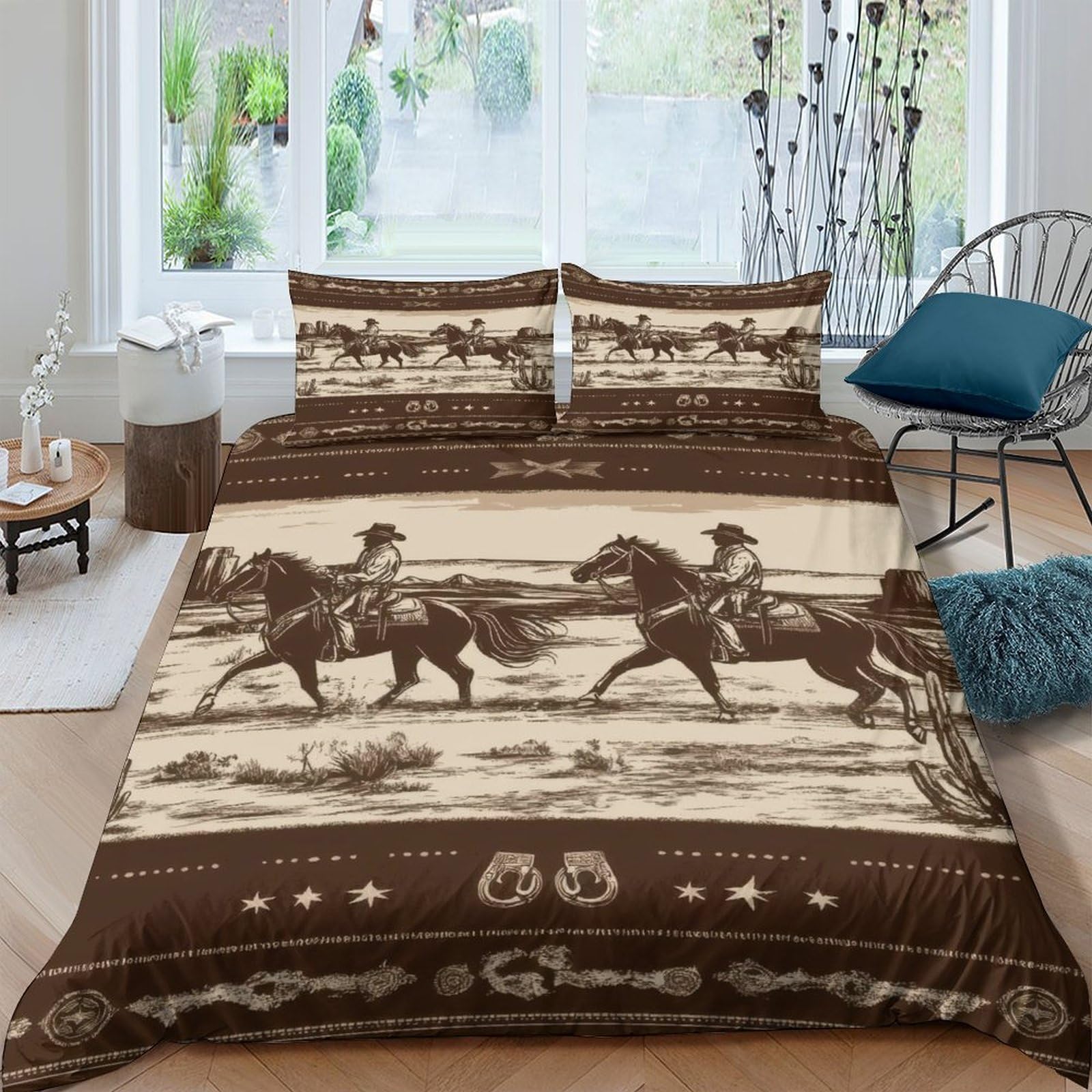 Ctjqhvkz Style-1 3D Printed Western Cowboy Theme Fitted Sheet Microfiber Brown Horse Pattern Bed Cover For Bedroom Guest Room Decor Single（135X200cm）