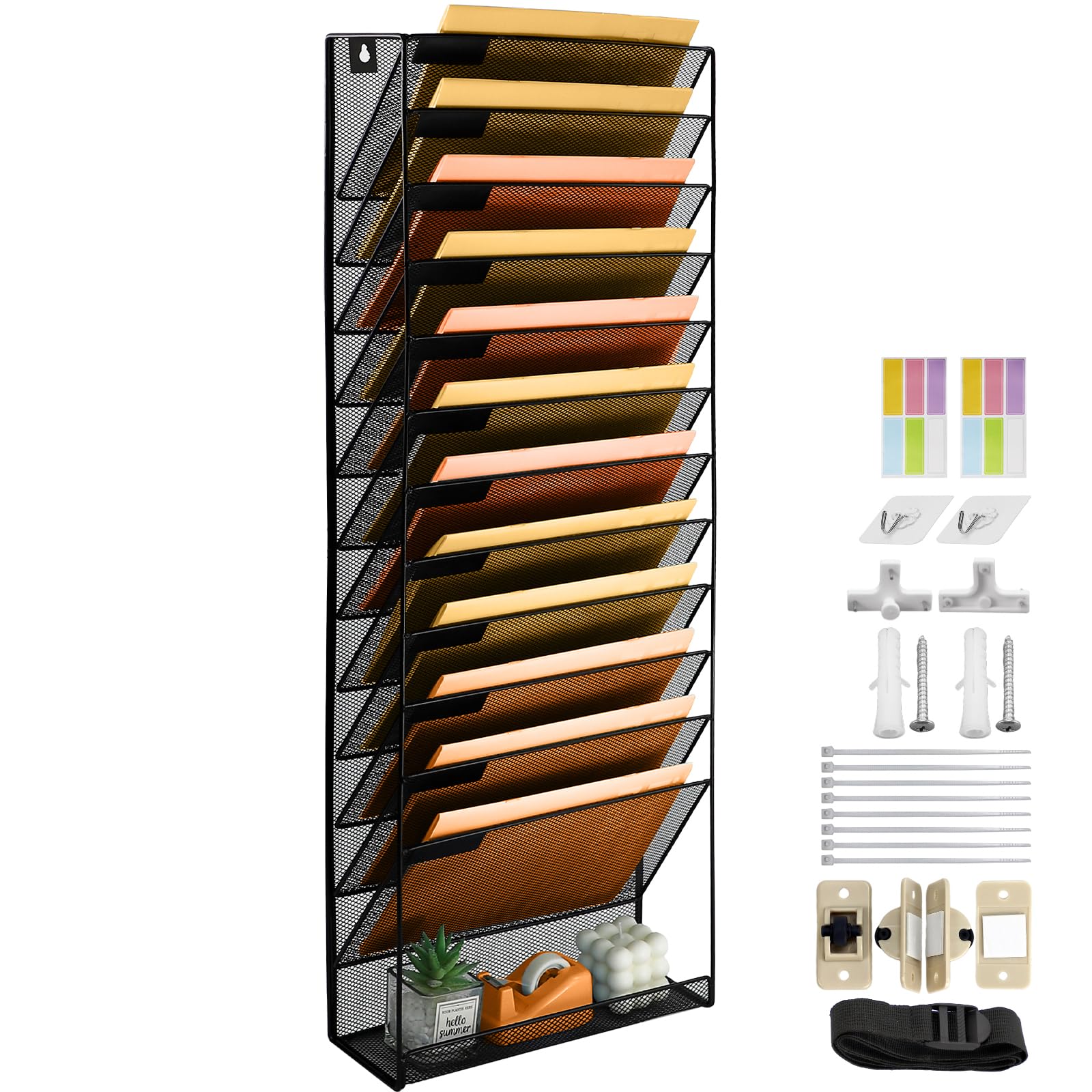 PLSOPPKG 13 Tier Hanging Wall File Holder, Metal Mesh Magazine Rack, A4 Wall Pocket File Holder, Mail Organiser Magazine Storage Rack, Wall Mounted File Organizer, Black