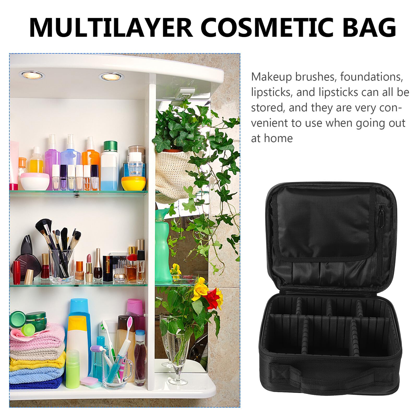 Bolsa de Viaje Negra Neceser Portátil con Asa para Maquillaje y Aseo Organizador Práctico para Vacaciones y Camping
