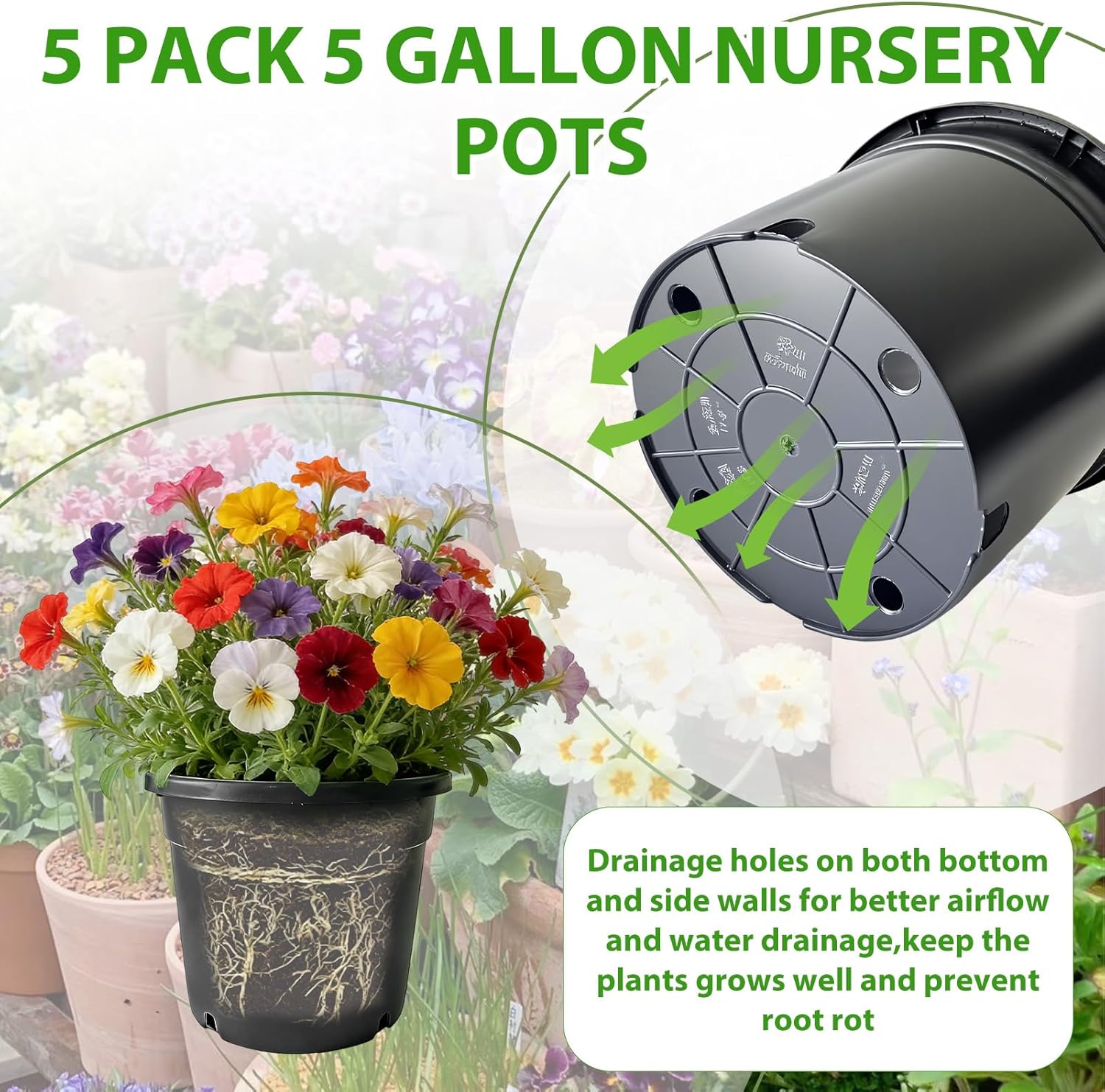 5 Gallon Pots for Plants, 5 Pack 12 Inch Round Sturdy Plastic Plant Pot Planters with Drainage Holes for Outdoor Indoor Plants, Flowers, Black