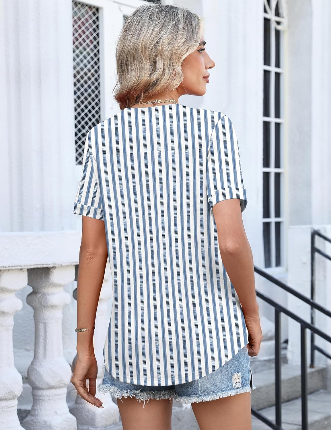 TCOT Women's Short Sleeve Tops Summer Cold Shoulder Button V Neck Shirts Dressy Casual Blouses - Image 3