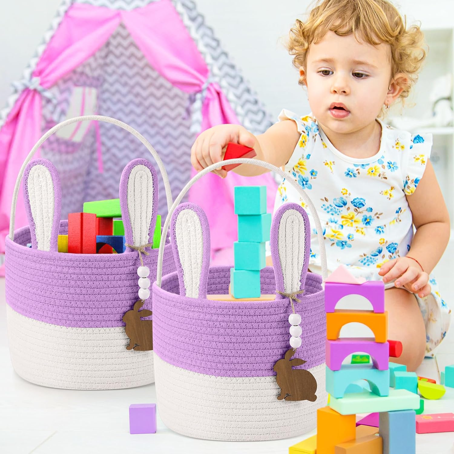 Wonderjune 2 Pcs Large Easter Baskets Woven Rope Bunny Basket Unique Easter Basket with Rabbit Wood Name Tags for Egg Hunt Girls Boys(Purple White)