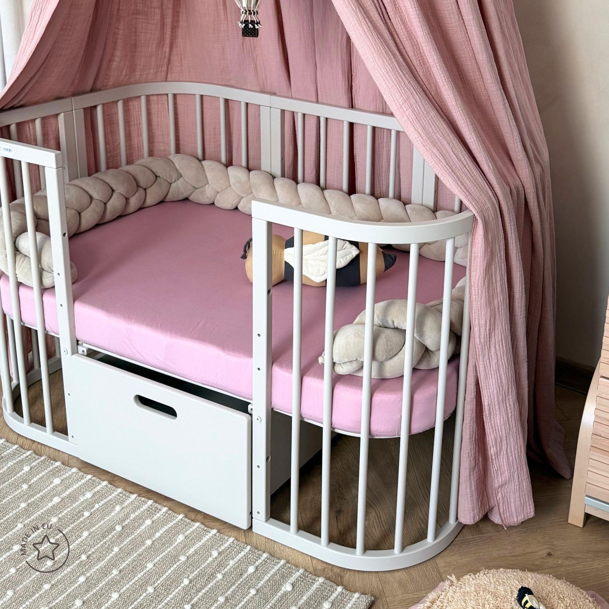 waldin Kokosmatratze groß Babybett 7in1 | Ökologische Kokoseinlage, antiallergisch und atmungsaktiv, Bezug waschbar bei 40 Grad