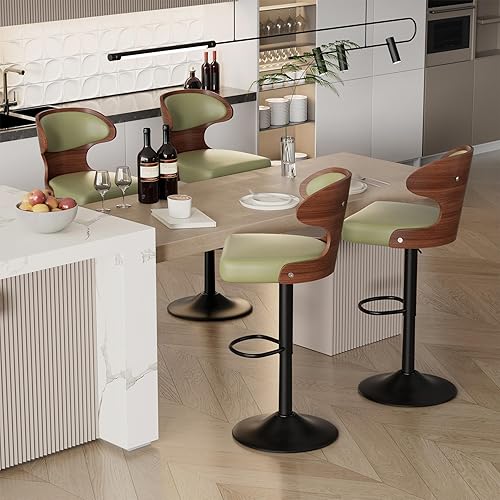 Juego de 4 taburetes de bar giratorios de altura ajustable, de piel sintética, tapizados de madera curvada, con respaldo y reposapiés, silla de bar