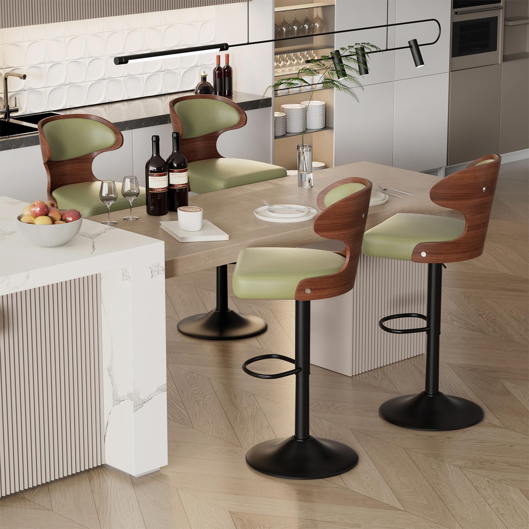 Daluvenix Bar Stools Set of 4 Adjustable Height Swivel Bar Stools Faux Leather Upholstered Bentwood Barstools with Back & Footrest Bar Chair for