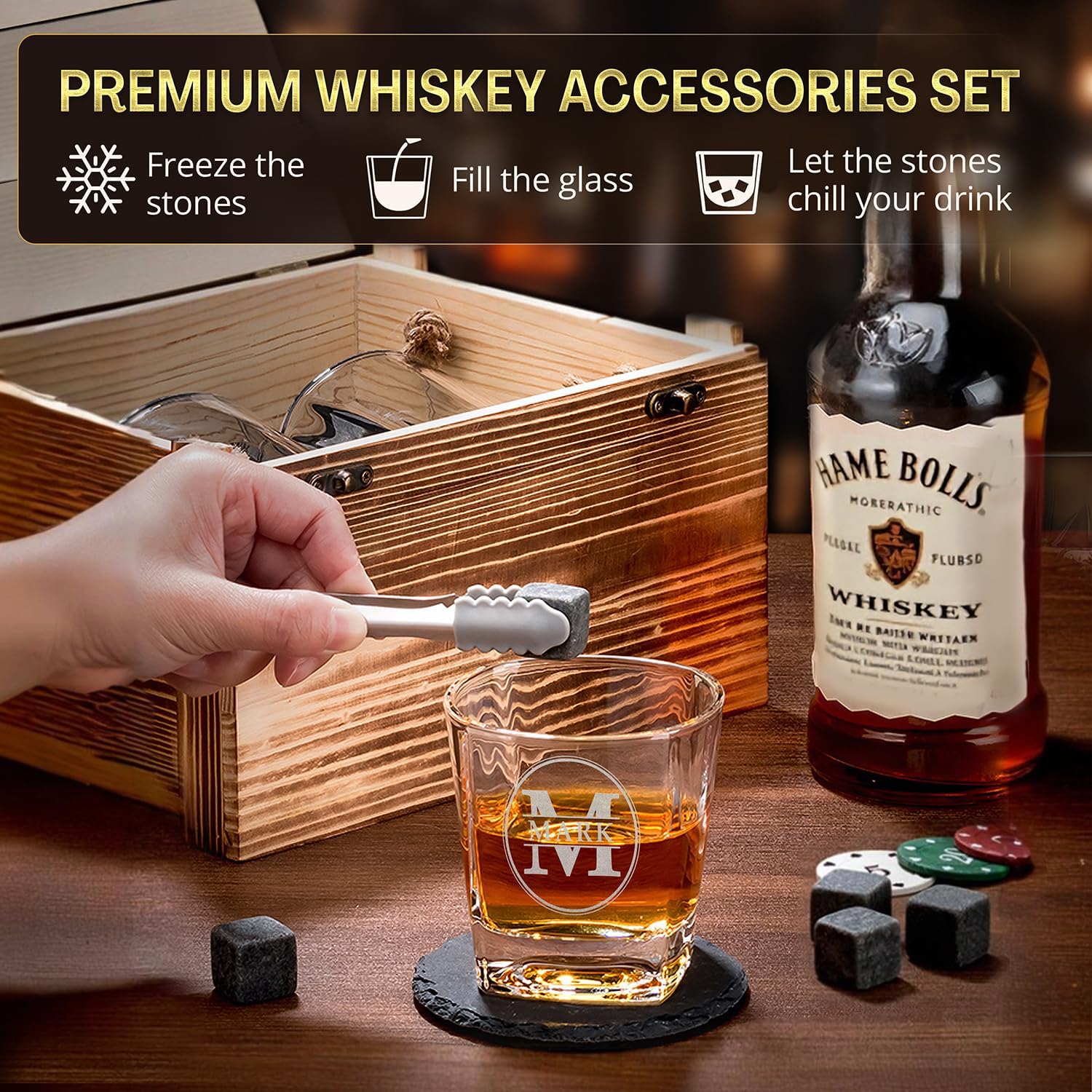 Custom Simplistic Modern Monogram Name 6 Options Whiskey Glass Gift Set 2 Glasses, 6 Granite Chilling Stones, Tongs & 2 Slate Coasters in Rustic Wood Crate – Scotch, Bourbon Lovers Gift