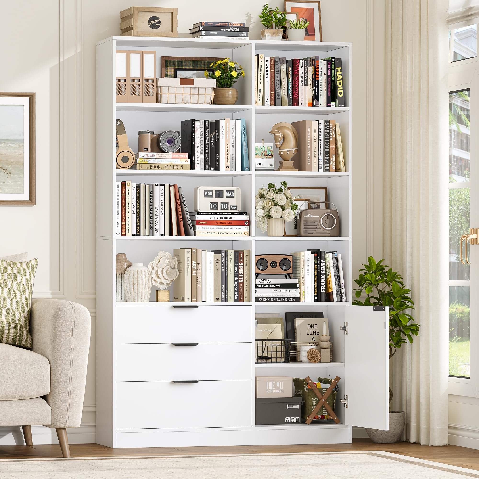 HOCSOK Libreria, Scaffale Libreria Verticale con Porta e 3 Cassetti, Legno | Scaffale Alta con Ripiani Regolabili, per Soggiorno Studio Ufficio, Bianco, 180,5×103×28,5 cm