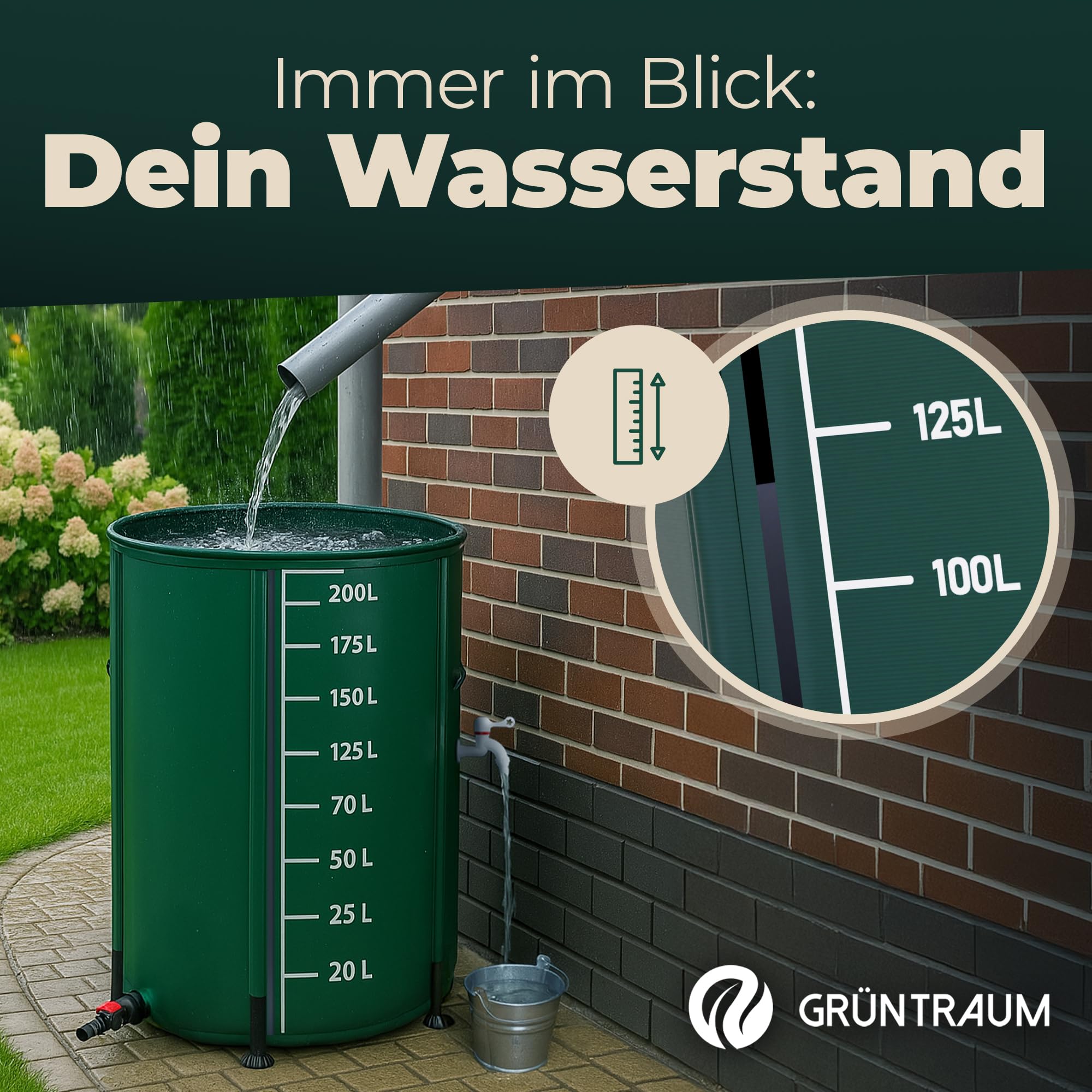 Regentonne faltbar 200L – Regenfass/Regenwassertonne/Wassertank faltbar – Wasserfass stabil – witterungsbeständig – mit Füllstandsanzeige & Air Wing System (Grün, 200L)