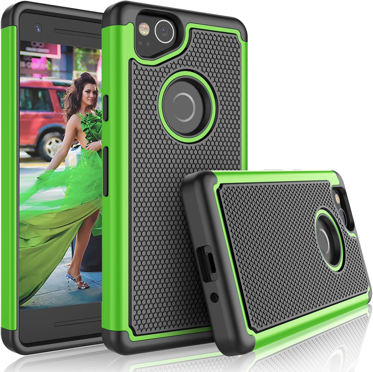 Tekcoo Google Pixel 2 Case, 2017 Google Pixel 2 Cute Case, [Tmajor] Shock Absorbing [Green] Hybrid Combo Rubber Silicone & Plastic Scratch Resistant Bumper Rugged Grip Hard Cases Cover