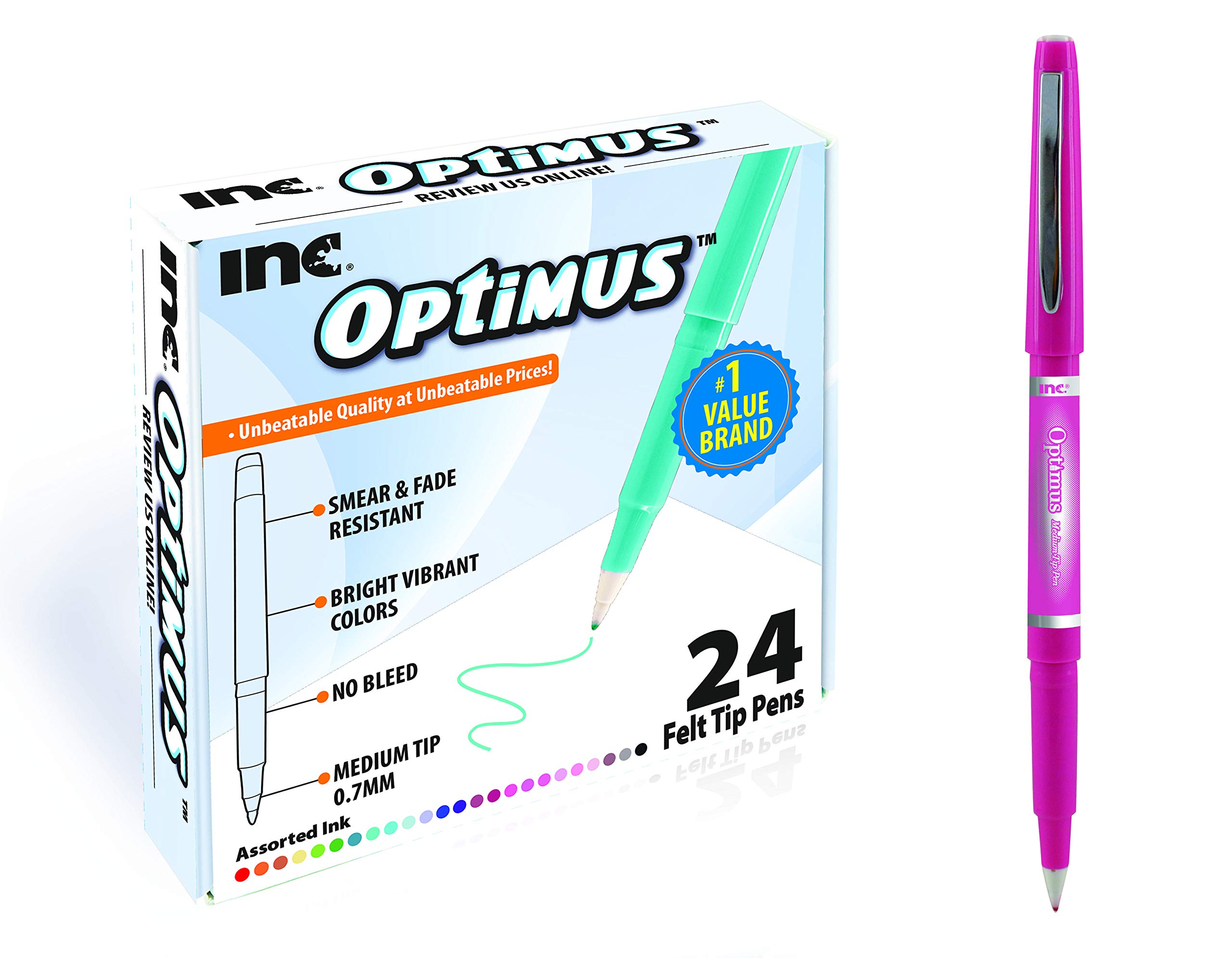Inc.OPTIMUS Colored Felt Tip Pens - 24 Assorted Colors, Multicolor No Bleed 0.7-mm Medium Point Tip, Office, School, Art, and Craft Supplies for Writing, Drawing, Art, Journaling, and Note-Taking